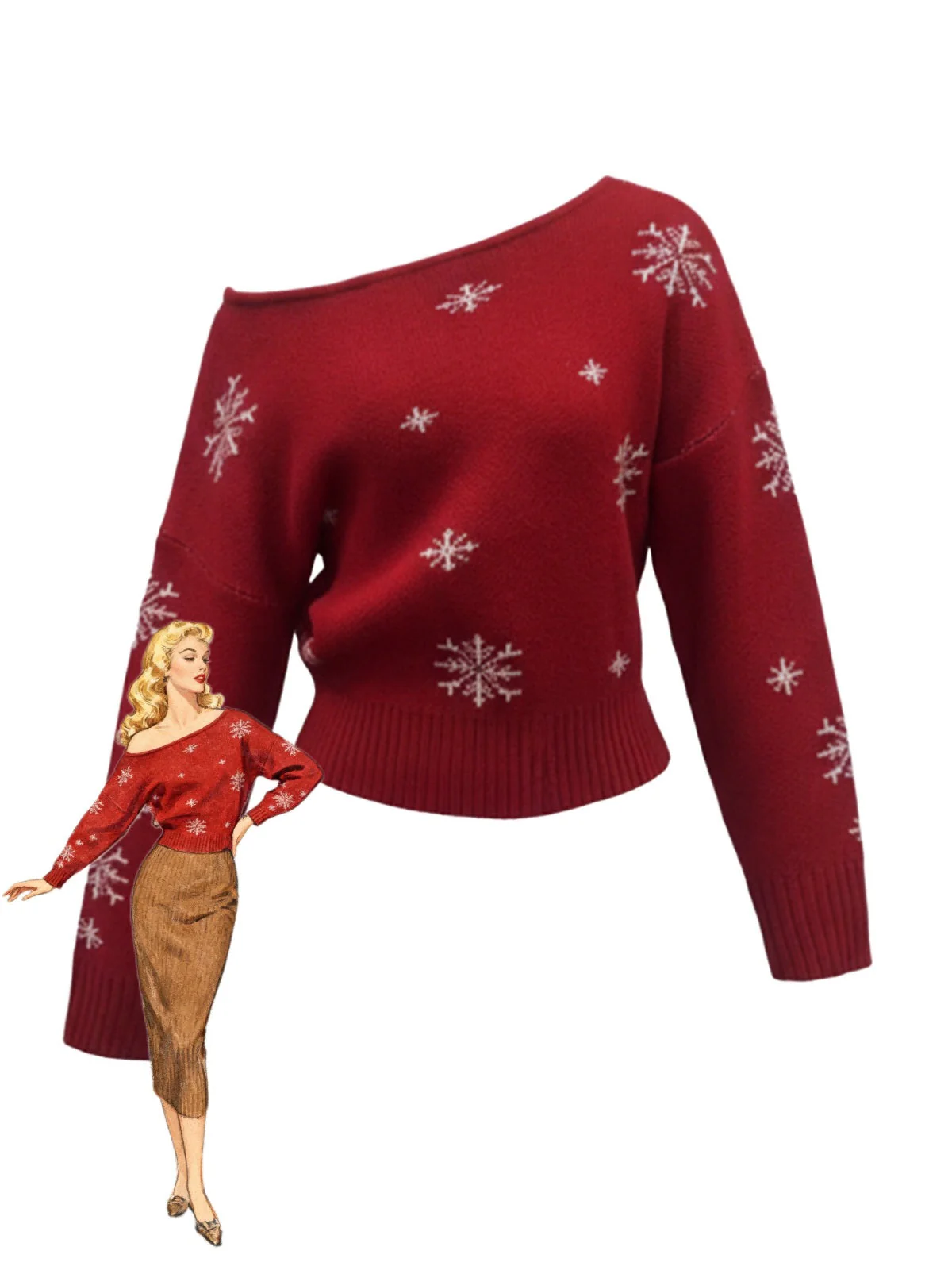 Pull à épaules obliques et motif flocon de neige de Noël des années 1970