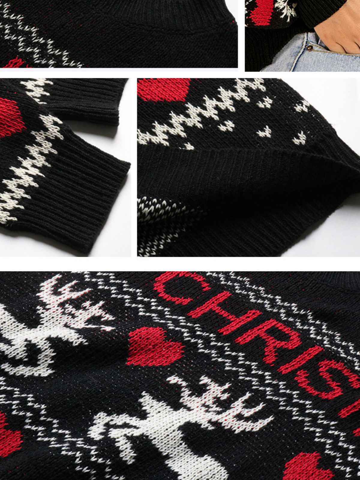 Pull noir motifs de cœurs et de rennes Joyeux Noël des années 1930 - Image 5