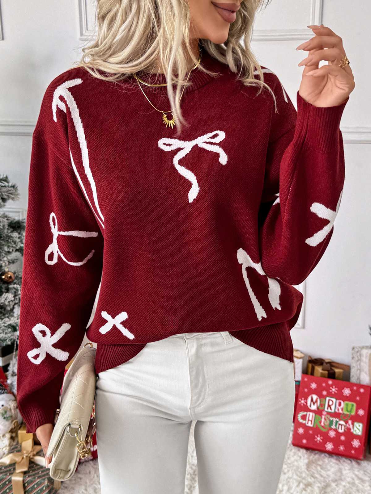 Pull rouge bordeaux motif nœud papillon années 1950 - Image 3