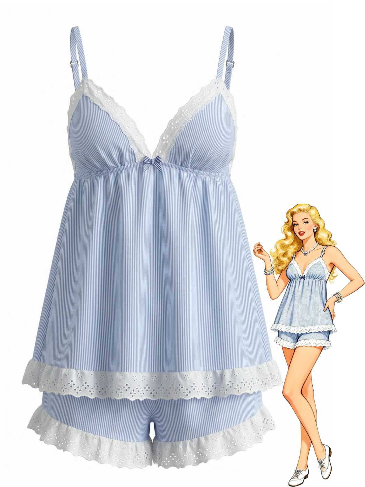 Pyjama babydoll dentelle rayures fines bleu années 1960