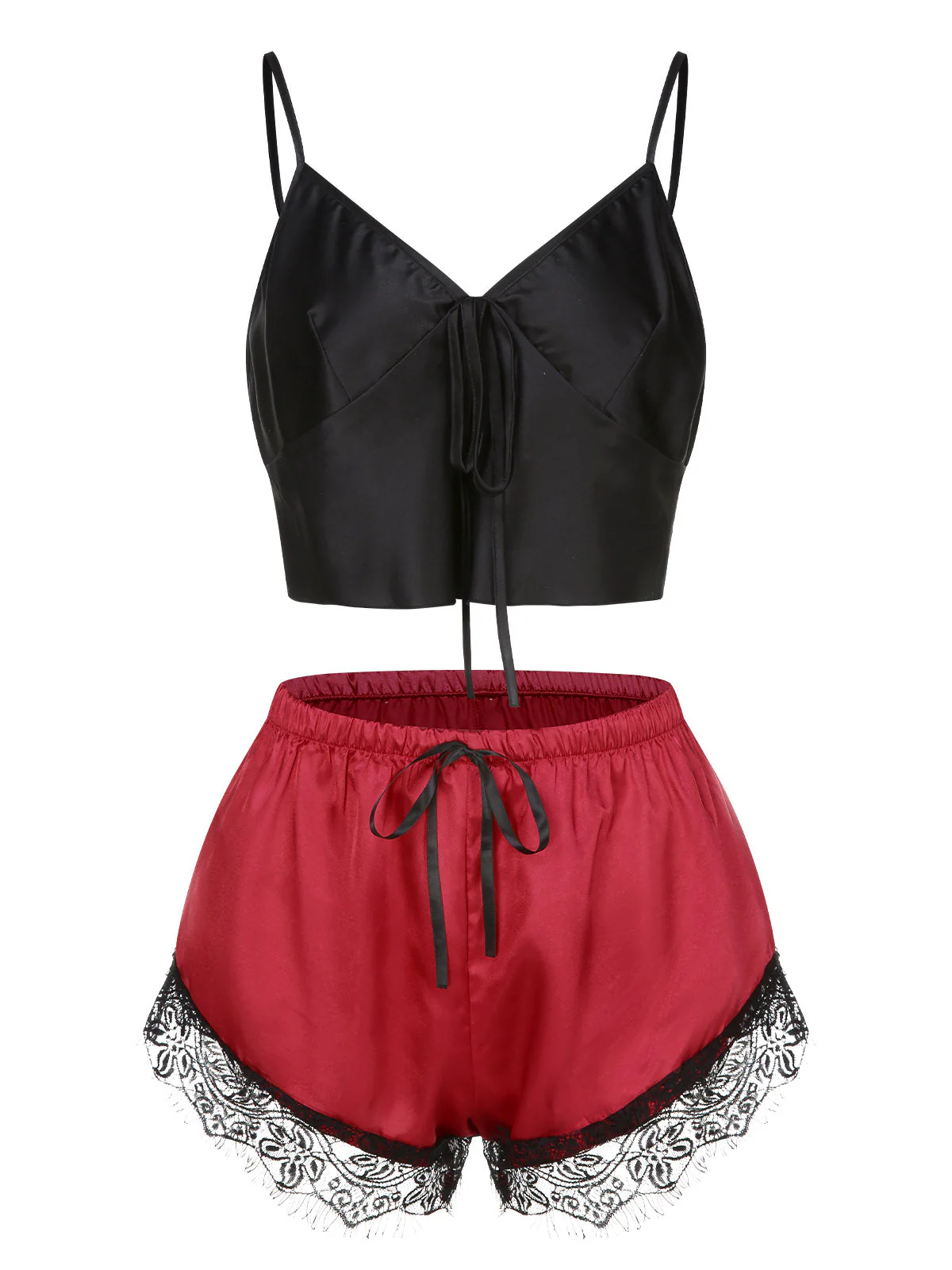 Pyjama noir et rouge à bretelles bordure en dentelle des années 1950