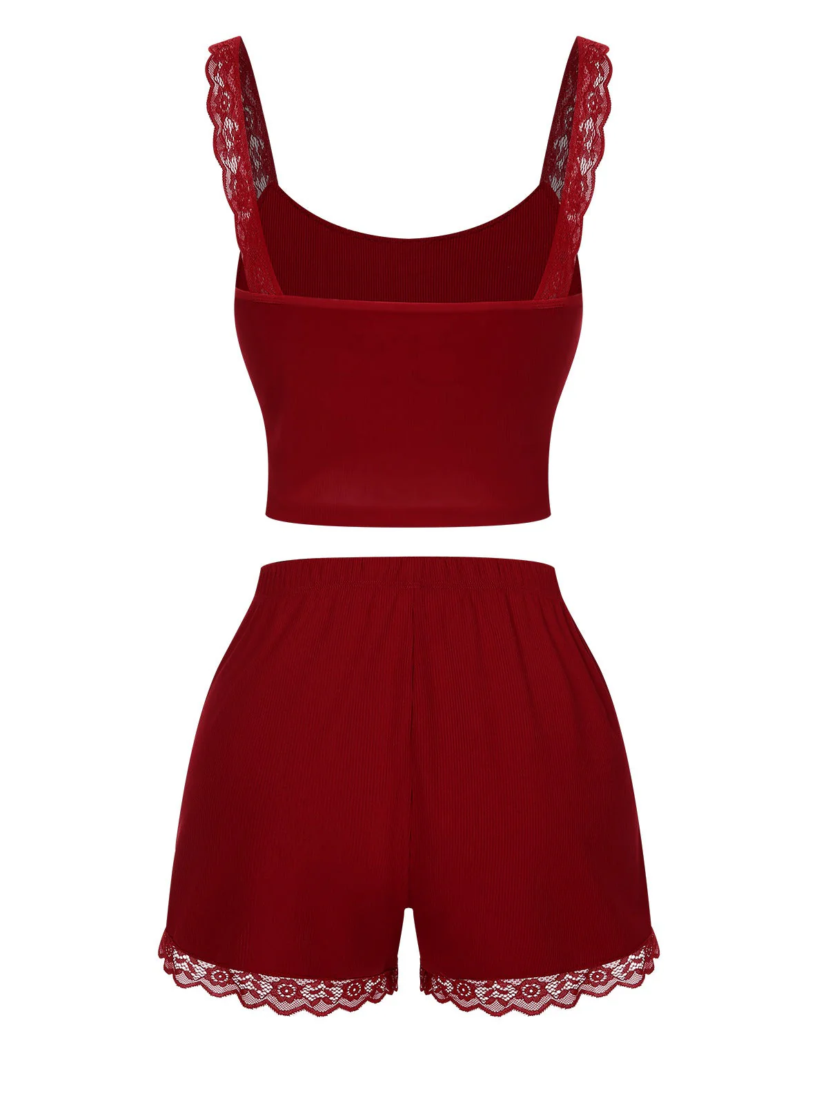 Pyjama rouge à bretelles avec bordure en dentelle des années 1970 - Image 3