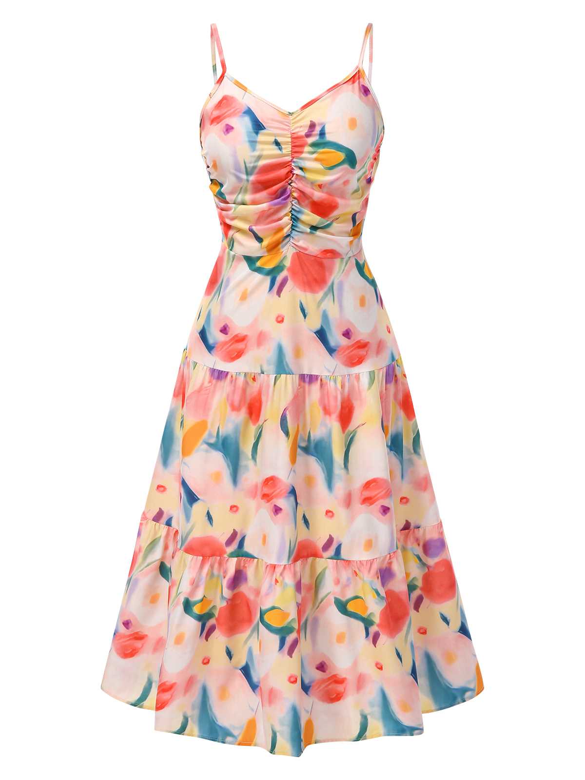 Robe à bretelles à imprimé floral aquarelle des années 1970