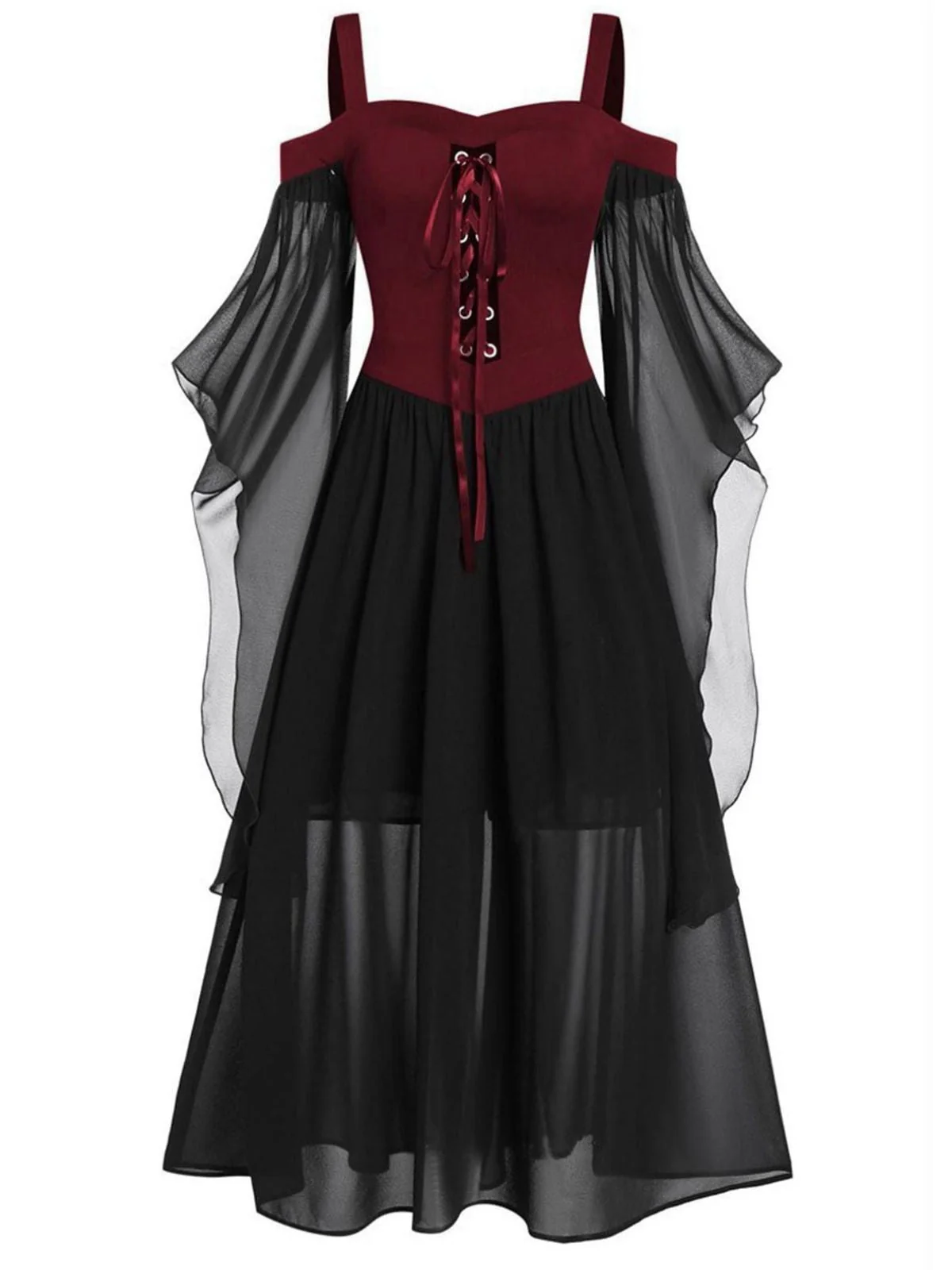 Robe à bretelles rouge manches transparentes Halloween des années 1950