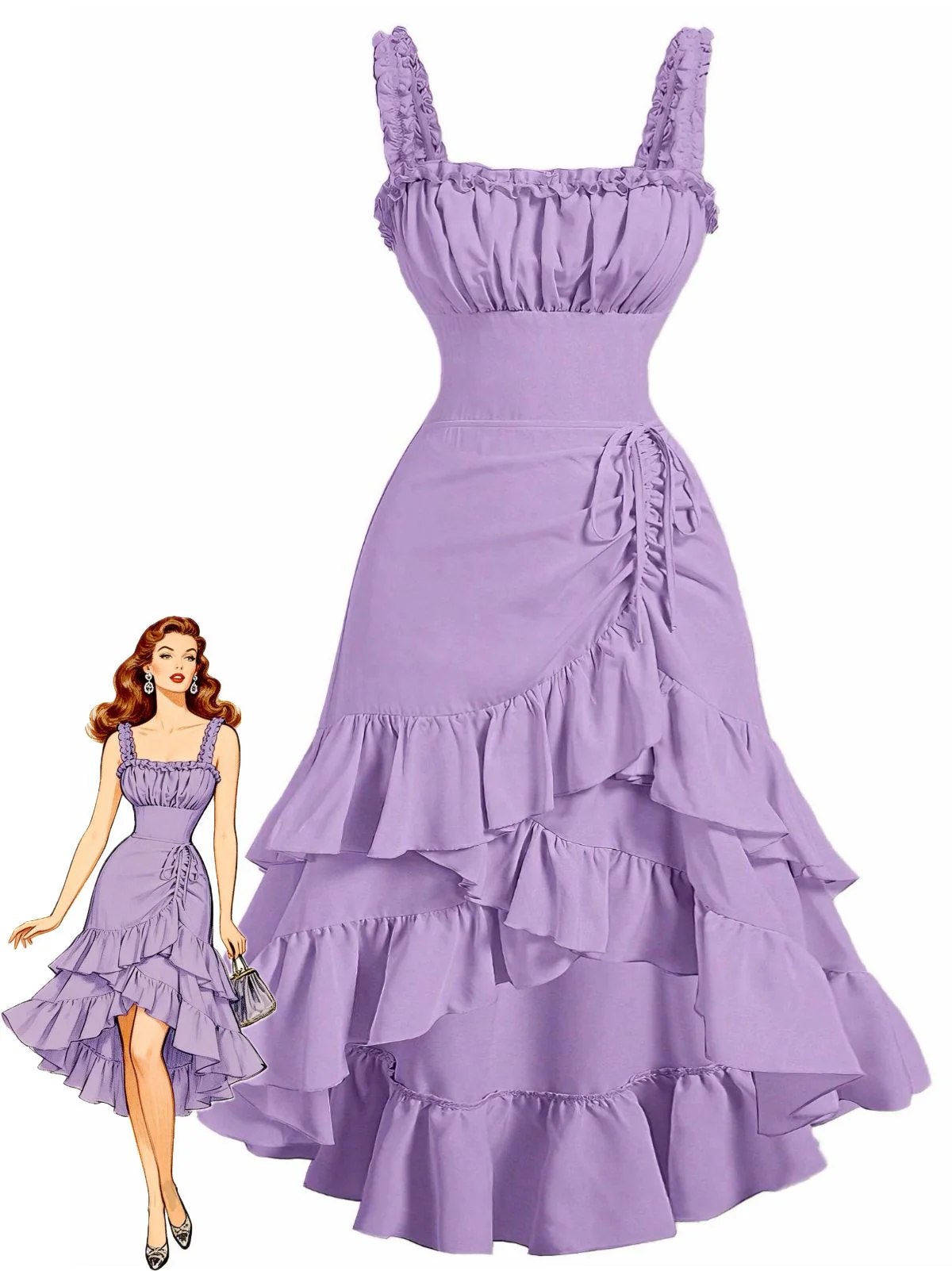 Robe à bretelles froncées et ourlet à volants années 1950