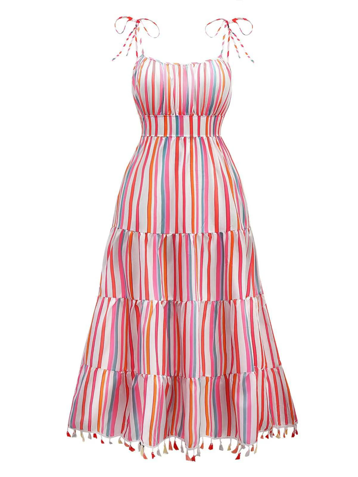 Robe à bretelles rayures couleur arc-en-ciel des années 1970