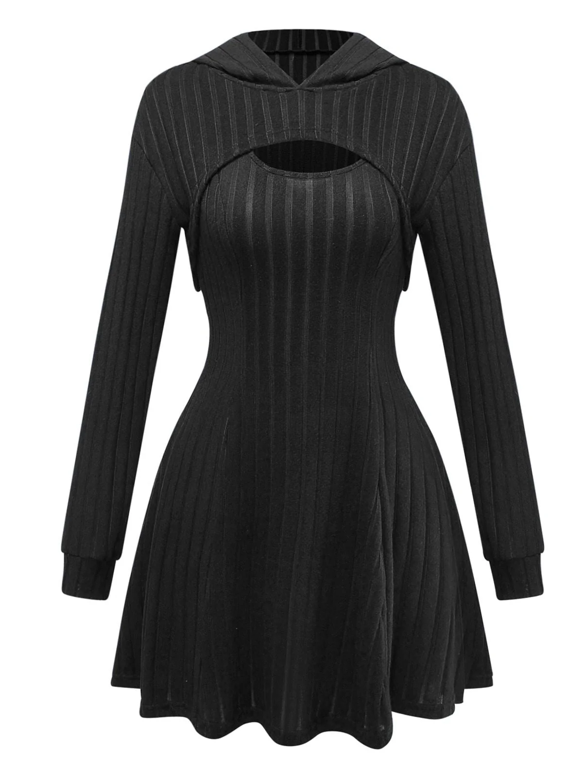 Robe à capuche en tricot côtelée et découpes avec cape des années 1940 - Image 6