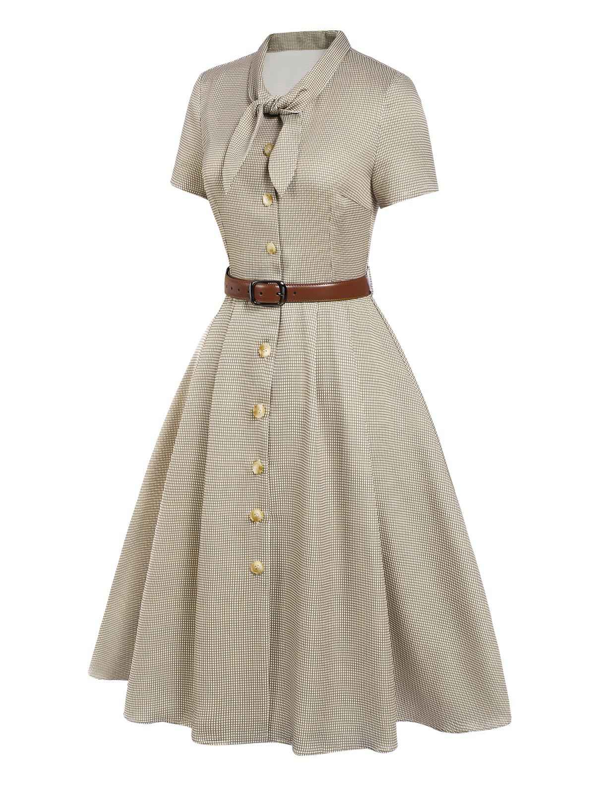 Robe à carreaux marron col à nœud papillon des années 40 - Image 5