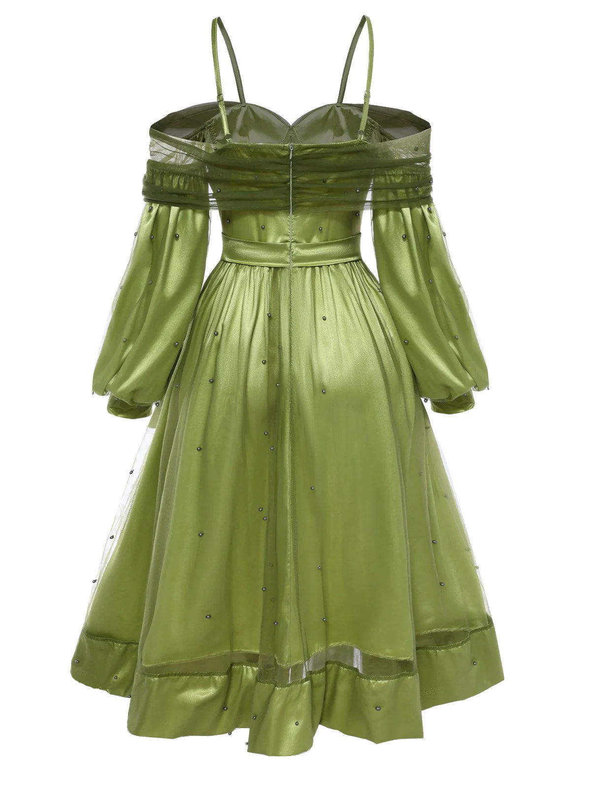 Robe à épaules dénudées et bretelles en maille et satin chartreuse des années 1950 - Image 2