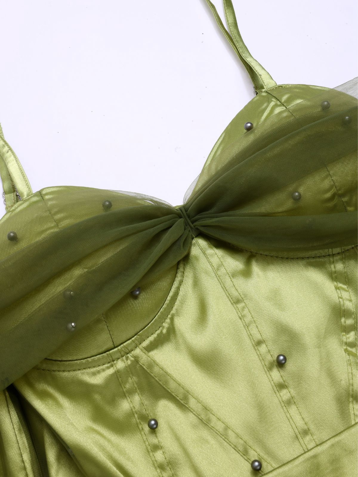 Robe à épaules dénudées et bretelles en maille et satin chartreuse des années 1950 - Image 3