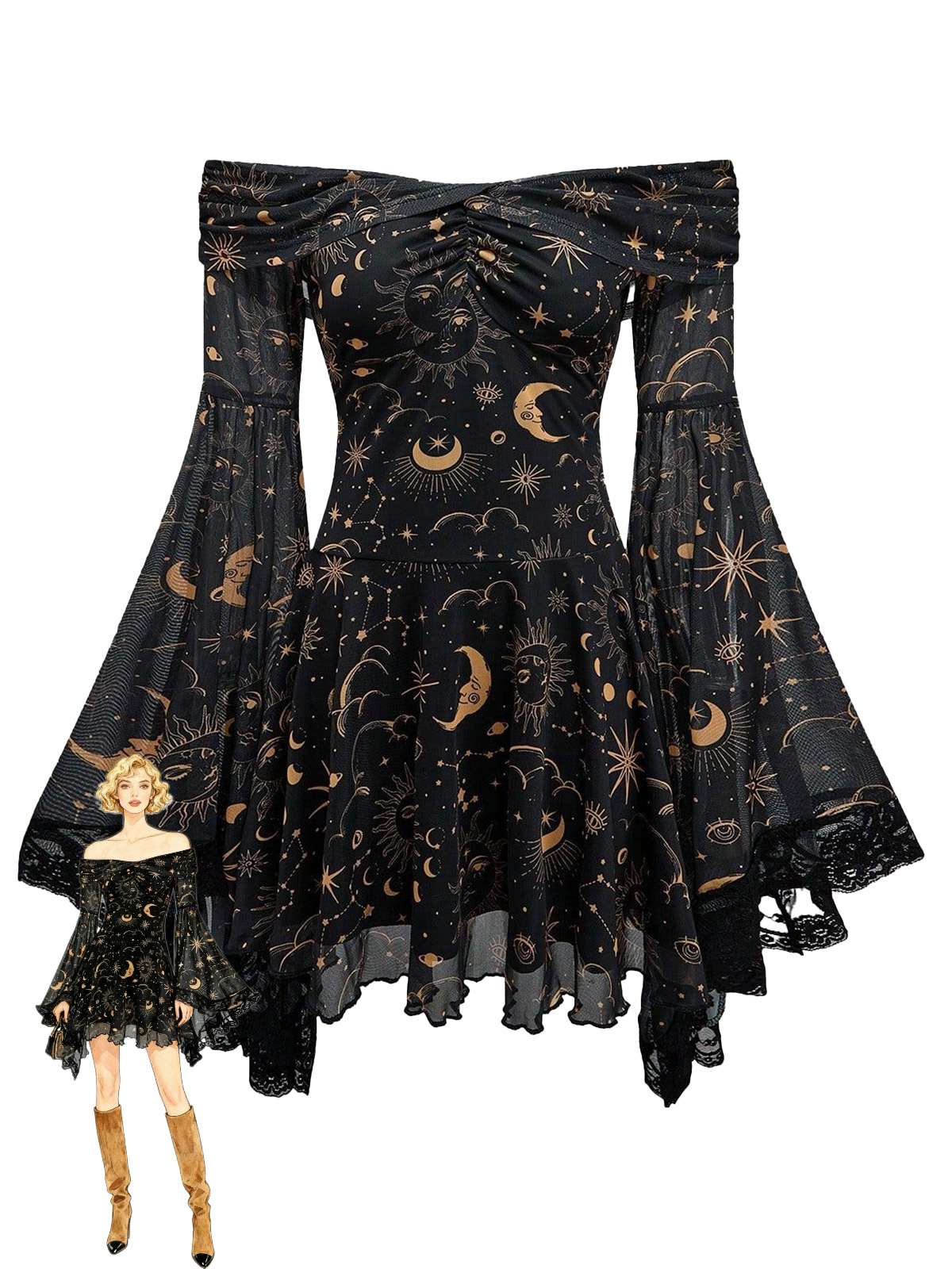 Robe à épaules dénudées manches cloche motif étoile lune et soleil années 80