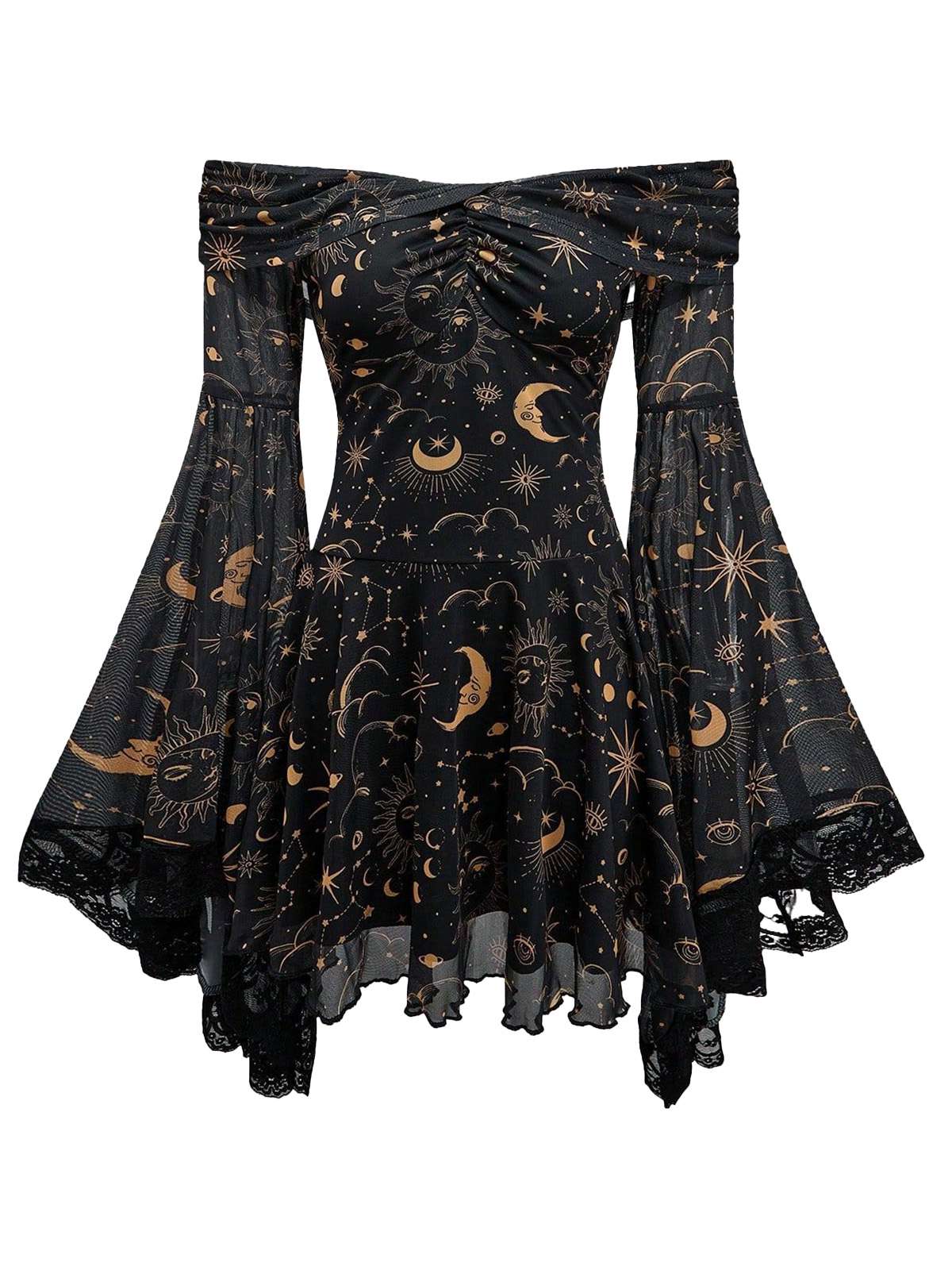 Robe à épaules dénudées manches cloche motif étoile lune et soleil années 80 - Image 2