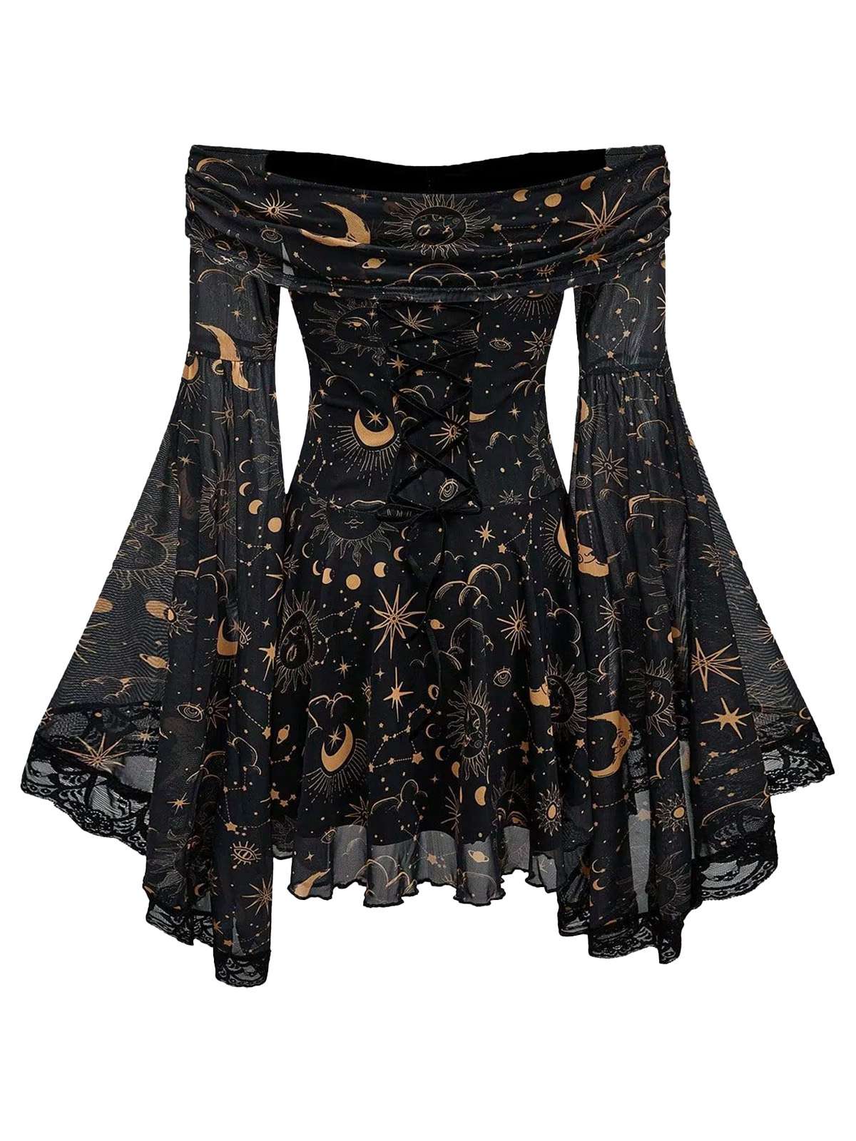 Robe à épaules dénudées manches cloche motif étoile lune et soleil années 80 - Image 3