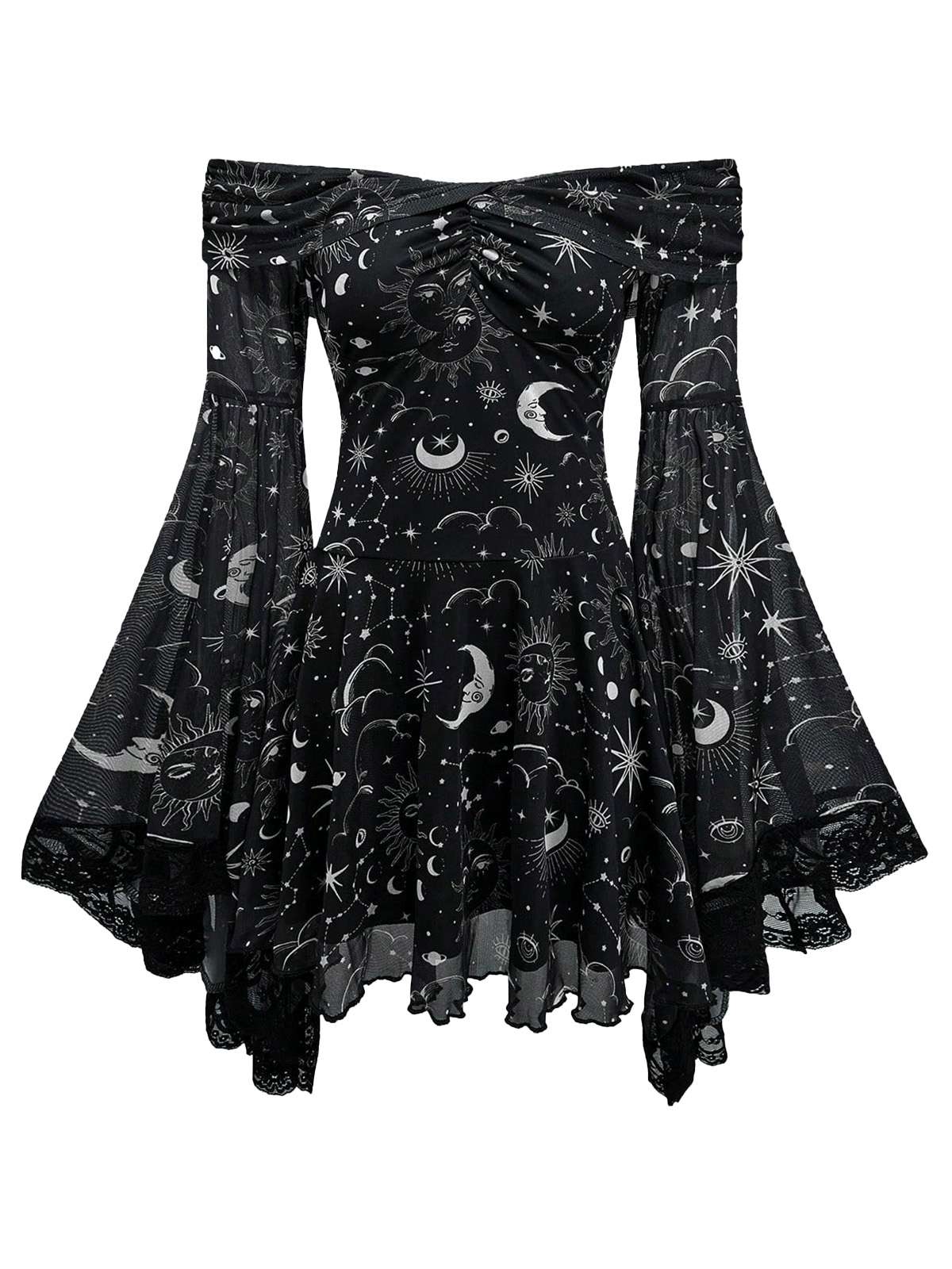 Robe à épaules dénudées manches cloche motif étoile lune et soleil années 80 - Image 4