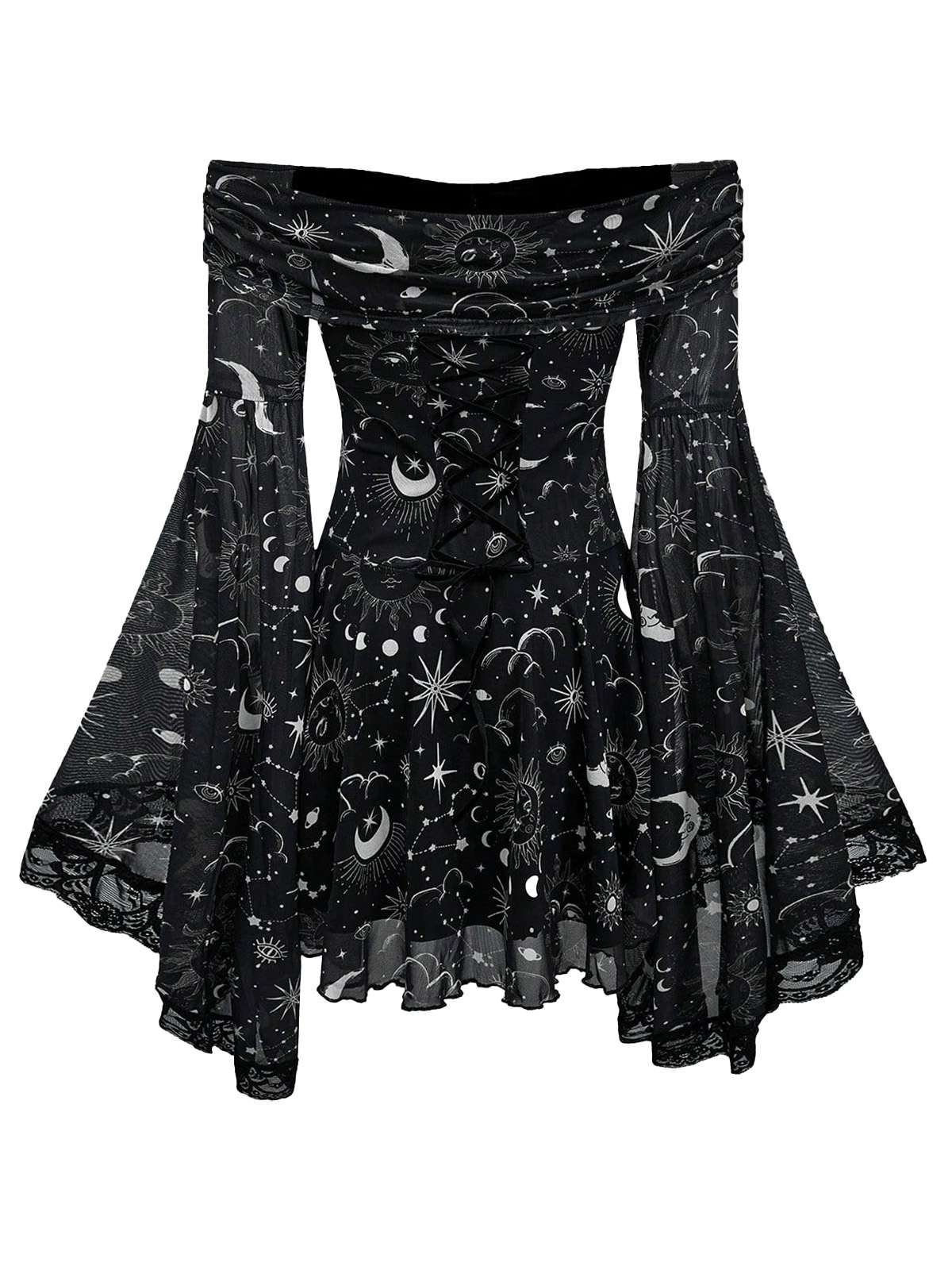 Robe à épaules dénudées manches cloche motif étoile lune et soleil années 80 - Image 5