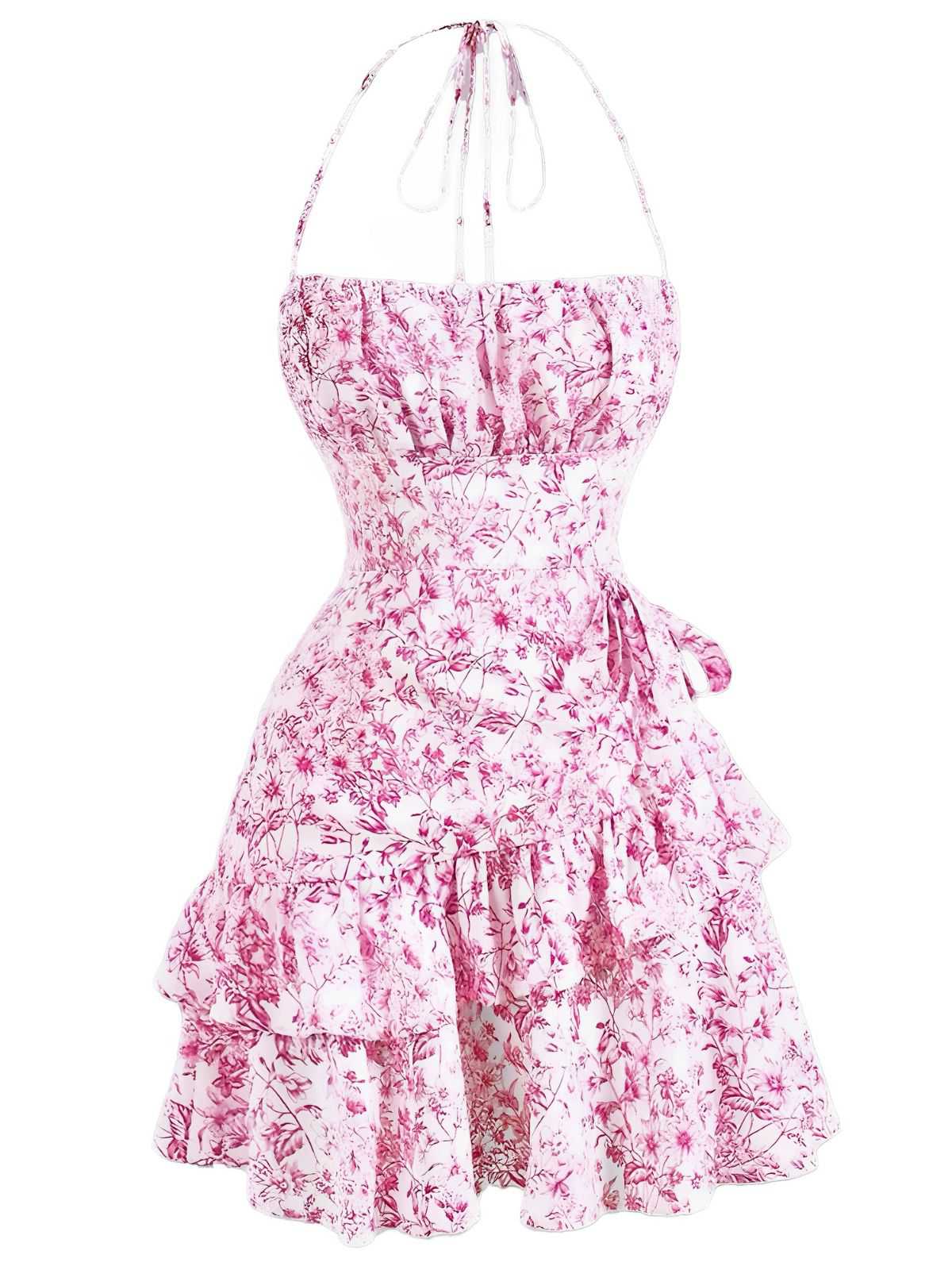 Robe à fleurs en porcelaine à volants et dos nu des années 1970