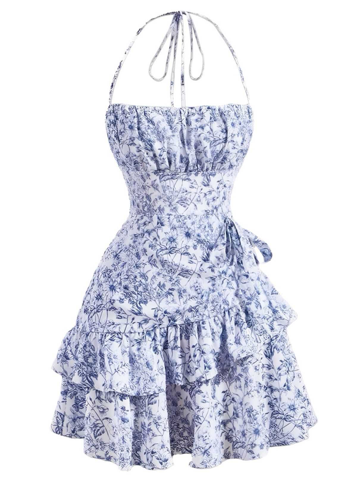 Robe à fleurs en porcelaine à volants et dos nu des années 1970 - Image 5