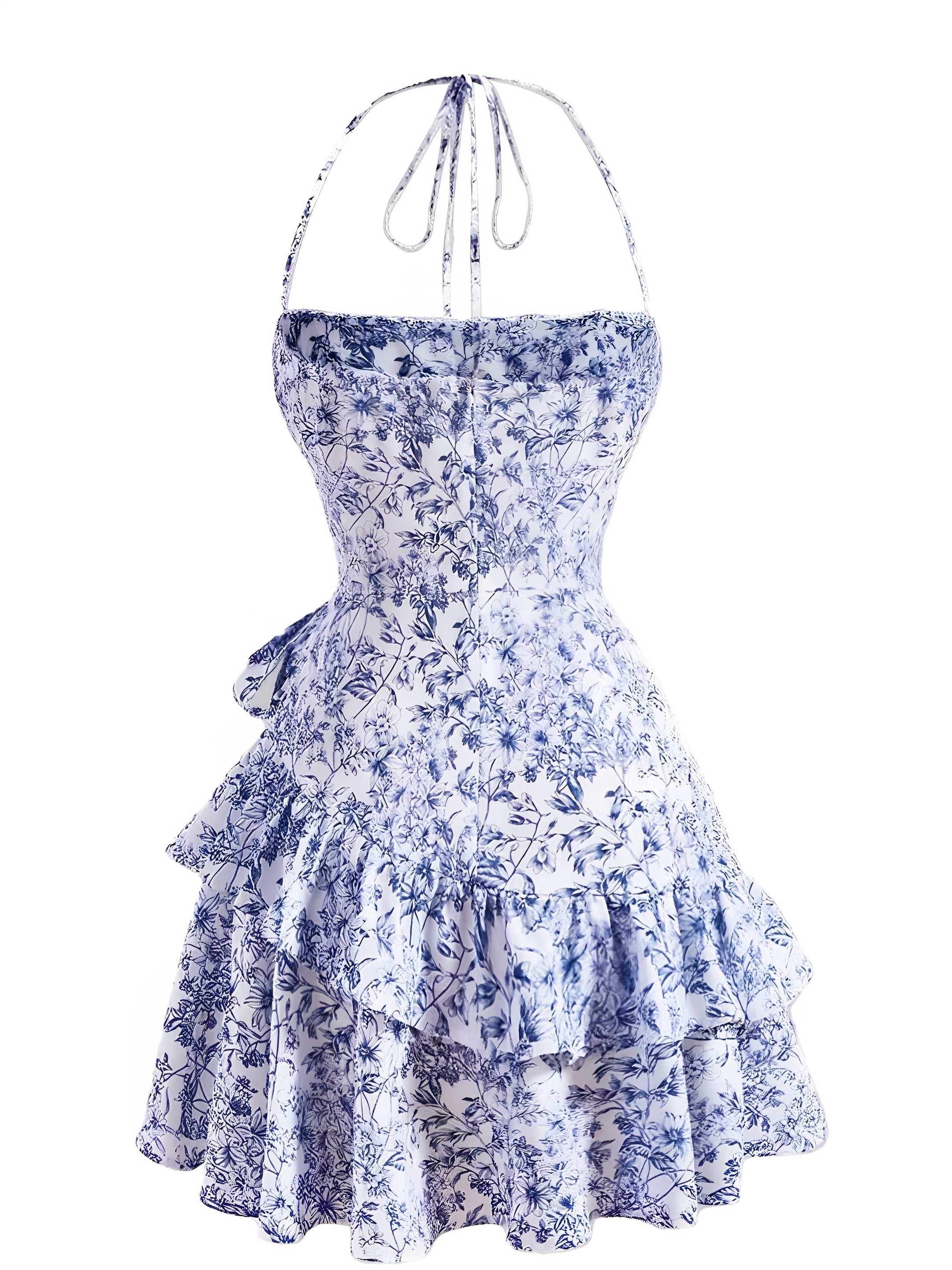 Robe à fleurs en porcelaine à volants et dos nu des années 1970 - Image 6