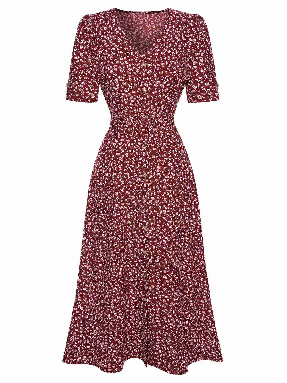 Robe à fleurs en V rouge vin des années 40 Vintage - Image 4