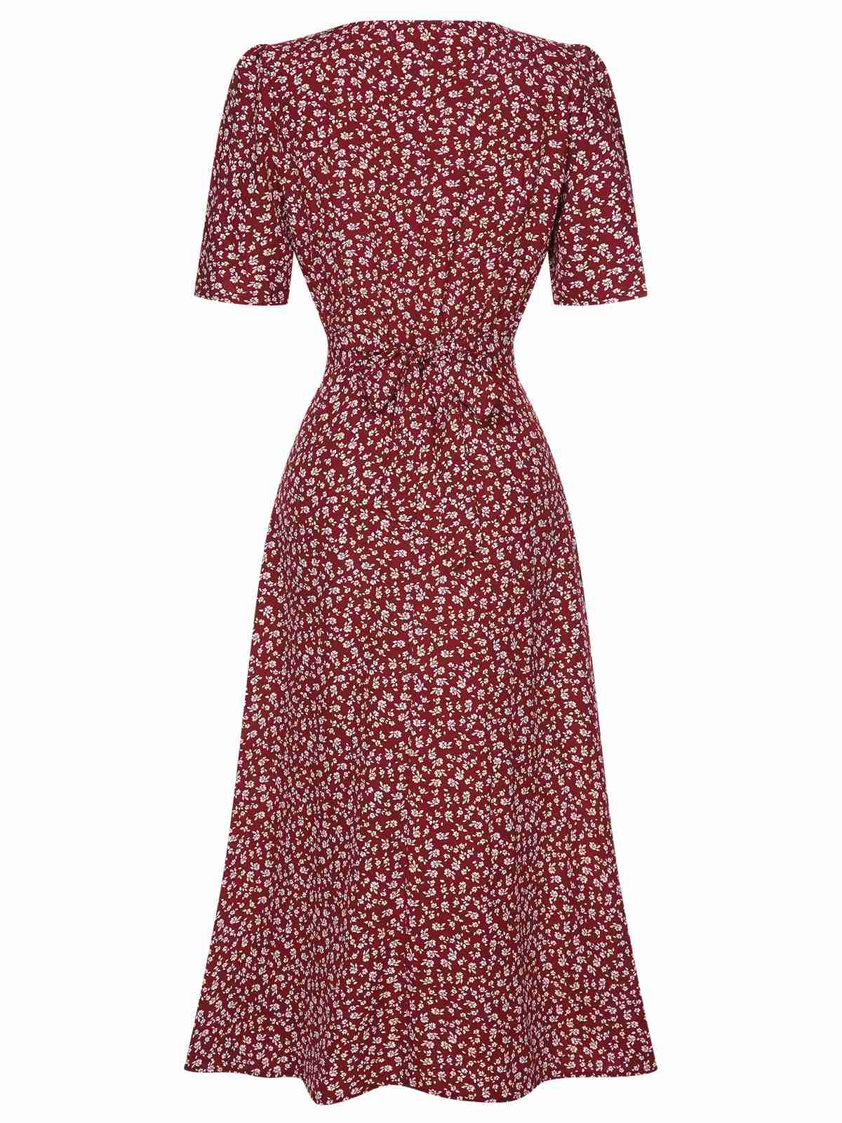 Robe à fleurs en V rouge vin des années 40 Vintage - Image 8