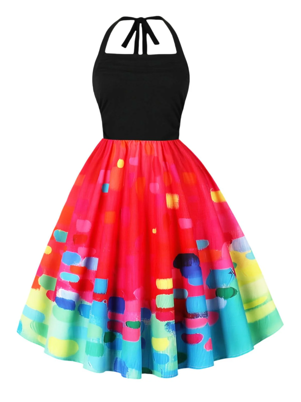 Robe à licou rouge à imprimés peintures psychédéliques années 1950