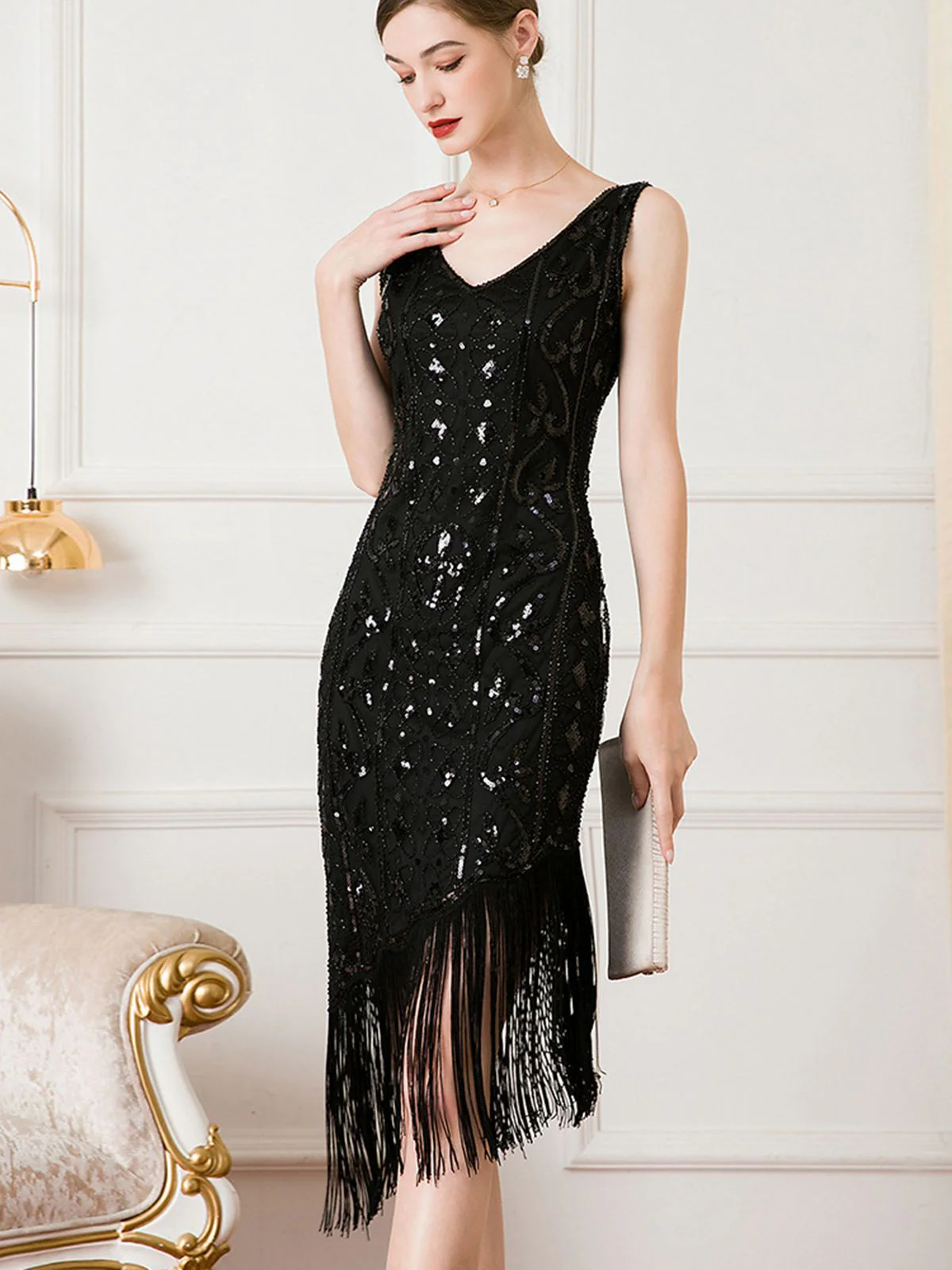 Robe à ourlet oblique à pampilles et paillettes Gatsby des années 1920 - Image 8