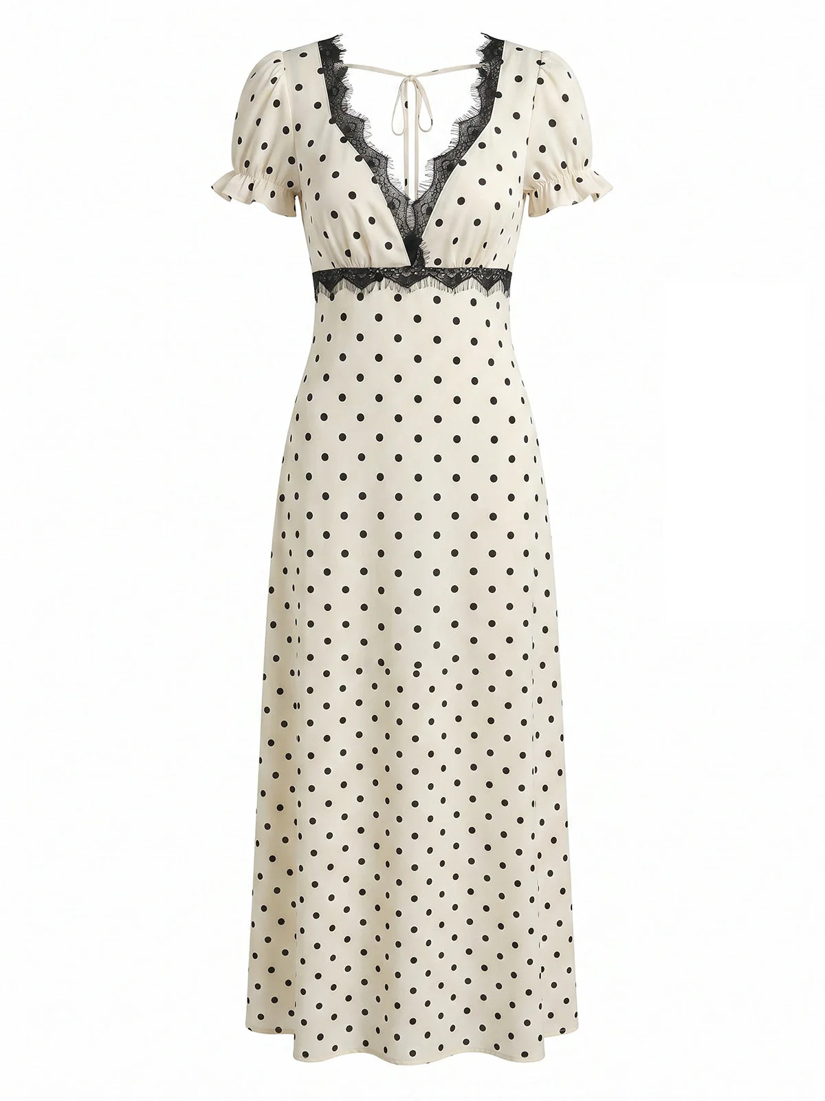 Robe à Pois Satin Dentelle Col V Beige Années 1930