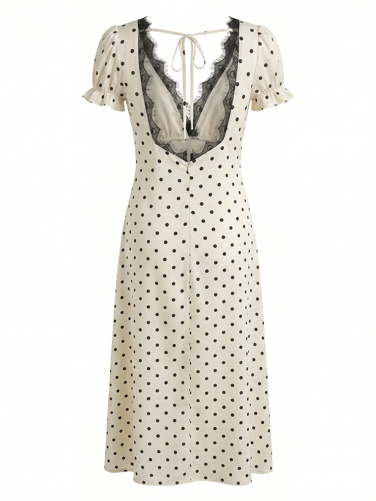 Robe à Pois Satin Dentelle Col V Beige Années 1930 - Image 5
