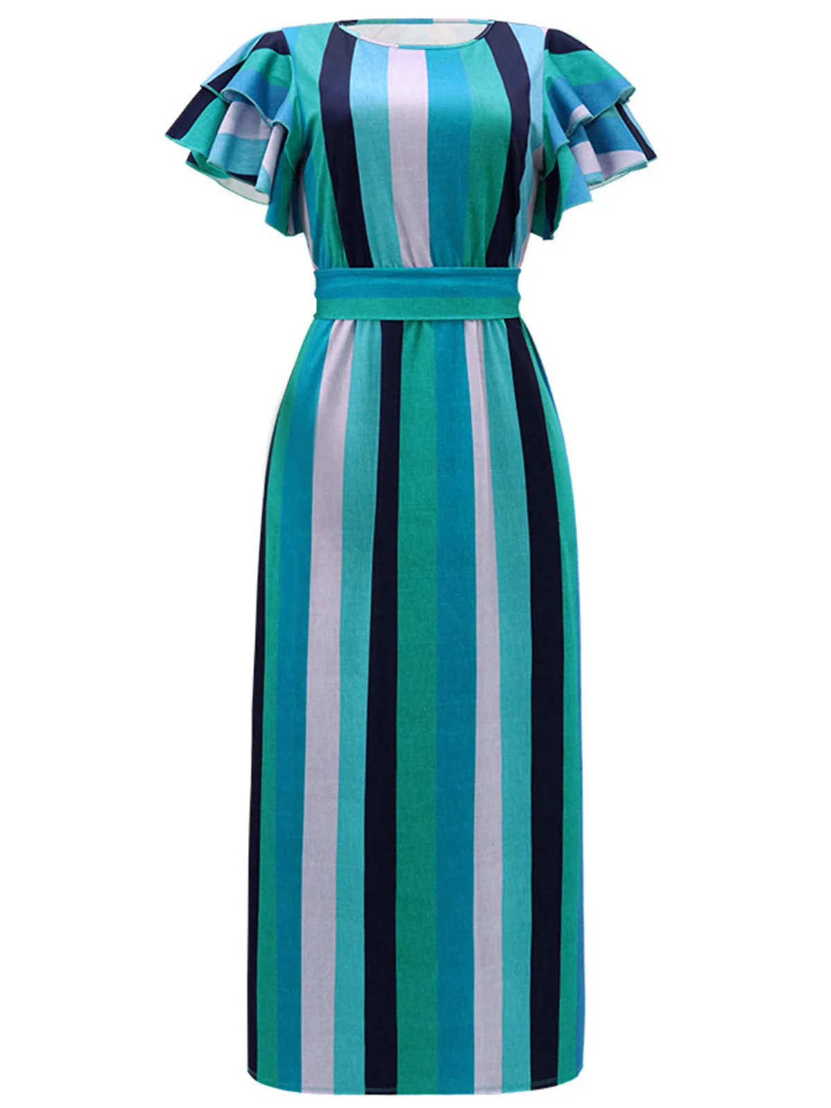 Robe à rayures romaines manches volants avec ceinture des années 1970 - Image 5