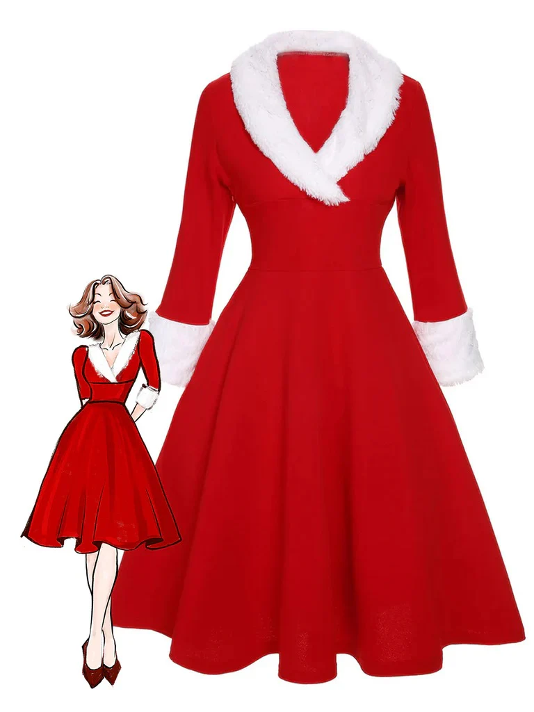 Robe à revers de Noël rouge et blanche en peluche des années 1950 - Image 2