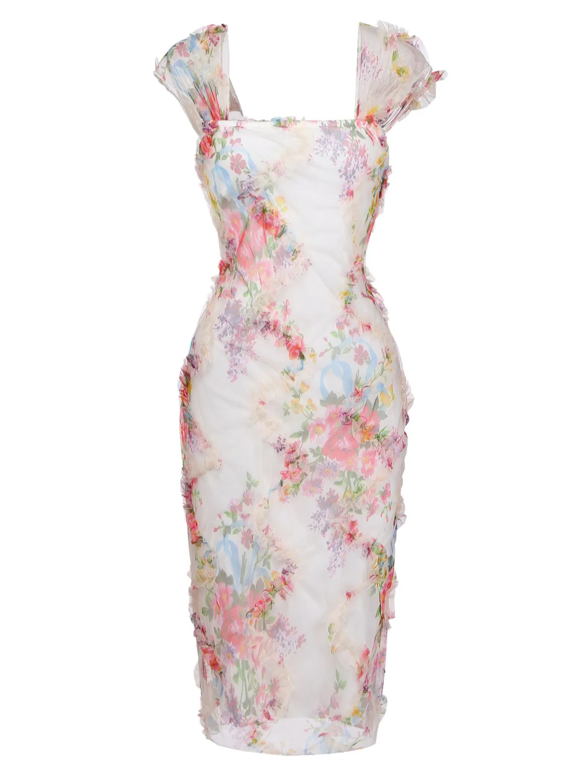 Robe ajustée multicolore maille plissée motif floral années 60 - Image 2