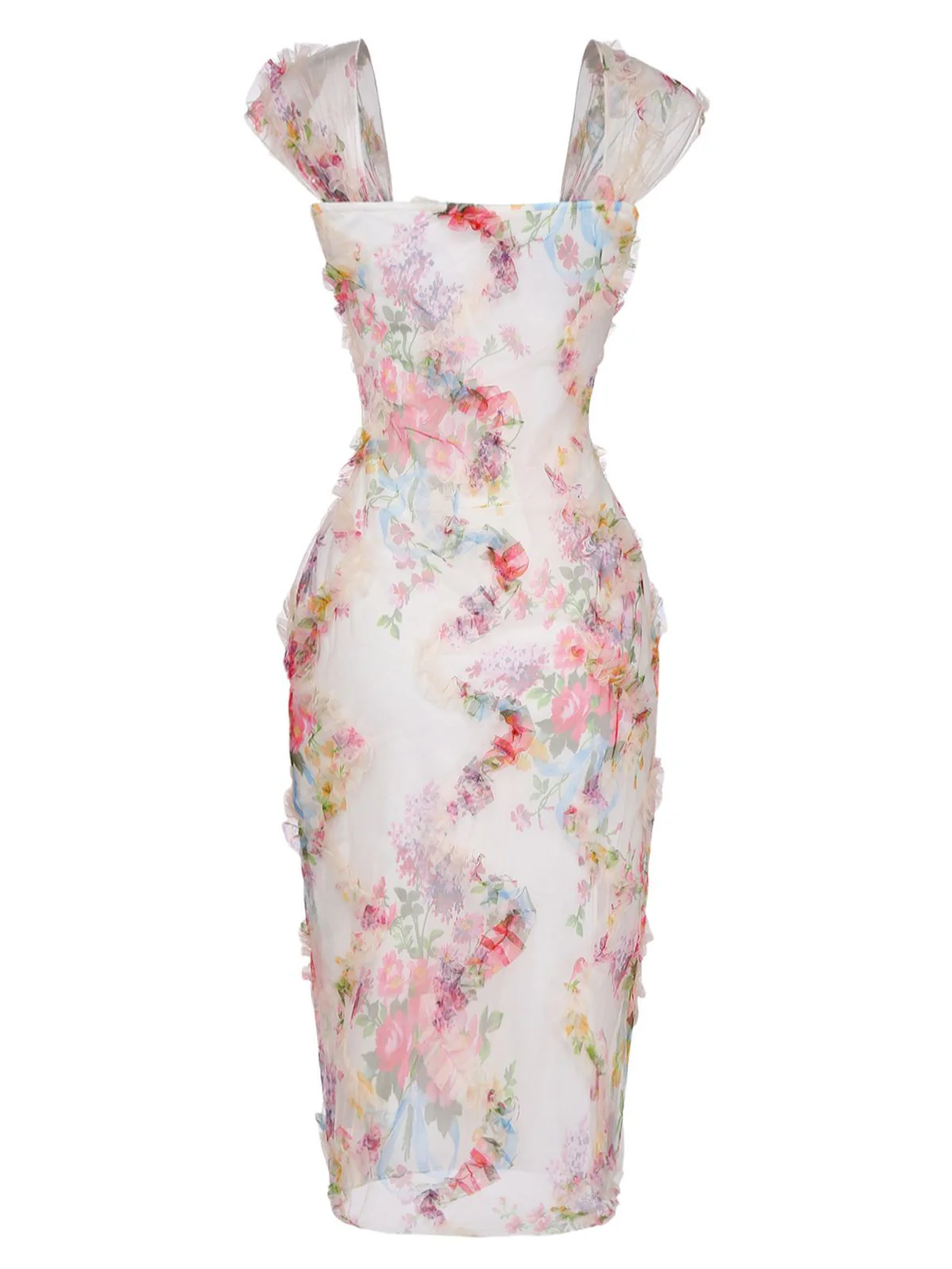 Robe ajustée multicolore maille plissée motif floral années 60 - Image 3
