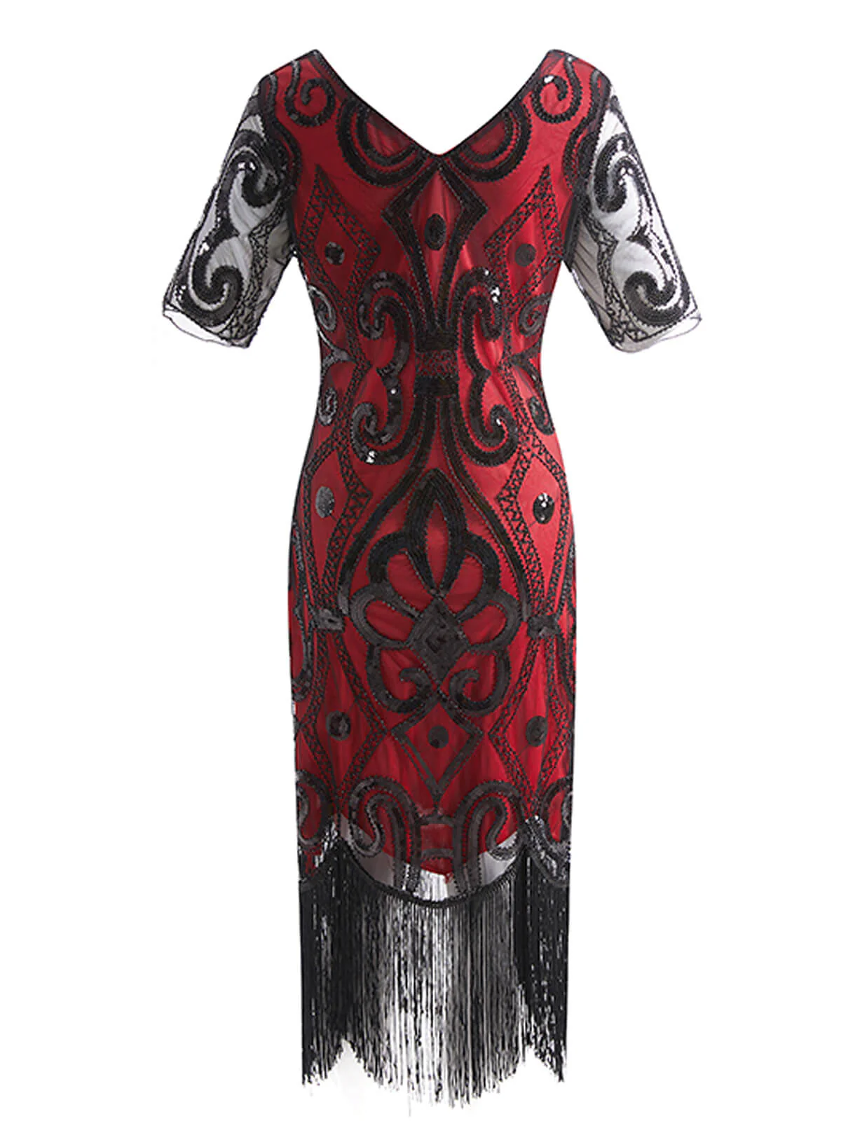 Robe Charleston Rouge Vintage Années 20 de Soirée à Paillettes à Imprimé Floral - Image 3