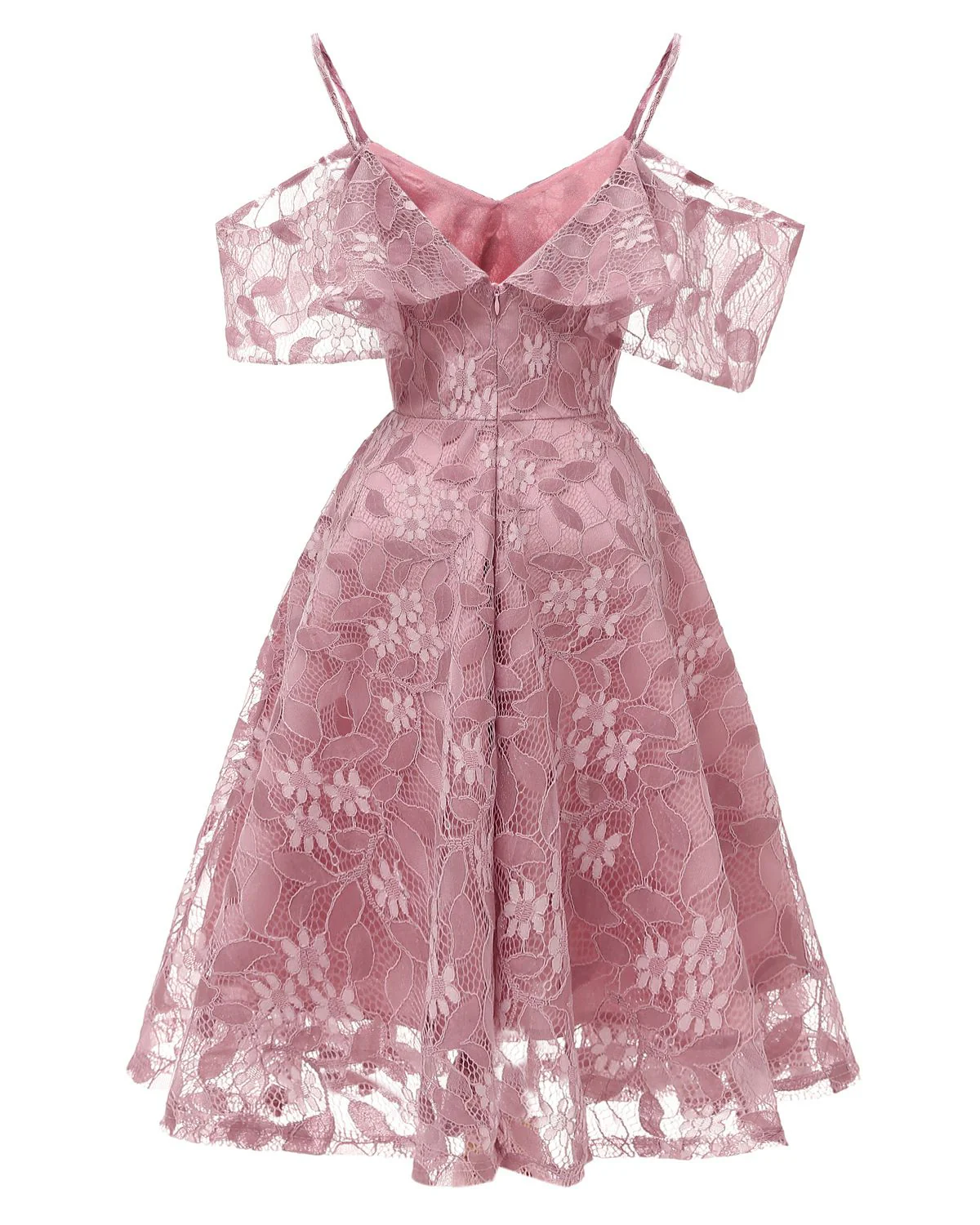 Robe à Bretelle Vintage Rose Année 50 à Volants Dos Nu Dentelle Cocktail - Image 3