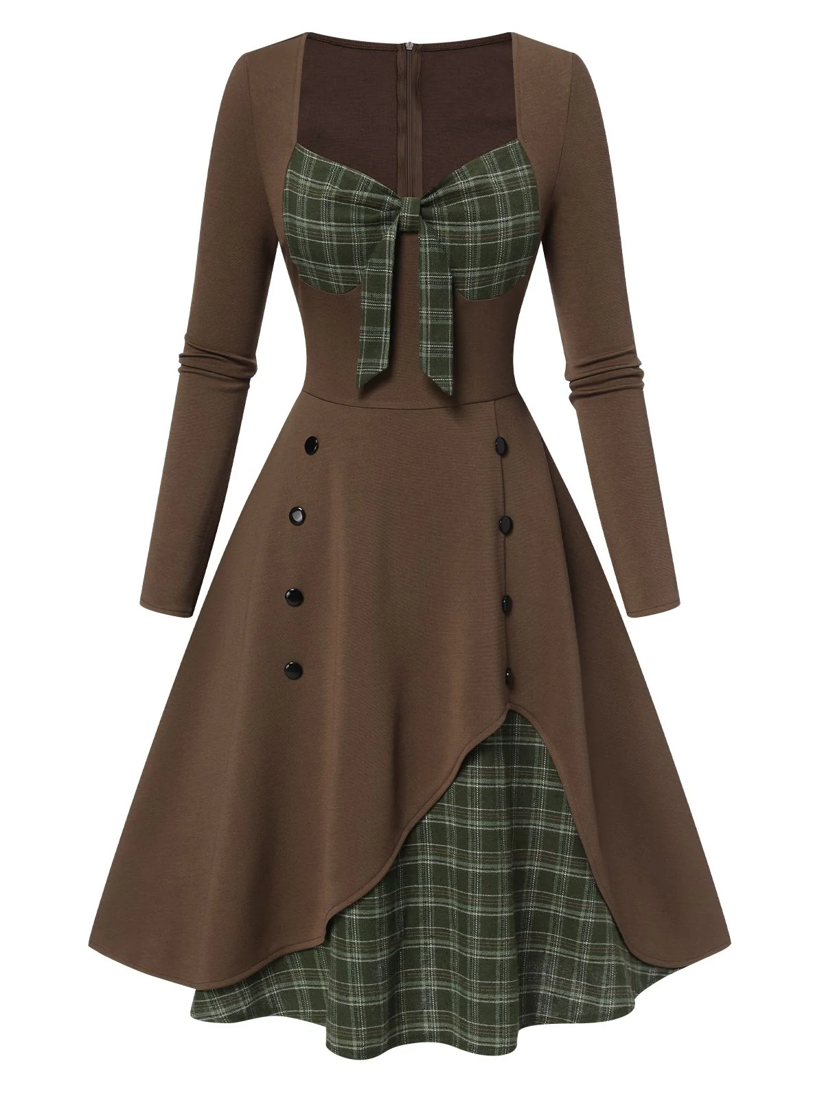 Robe Année 50 Vintage Patchwork Manches Longues Col Coeur - Image 6