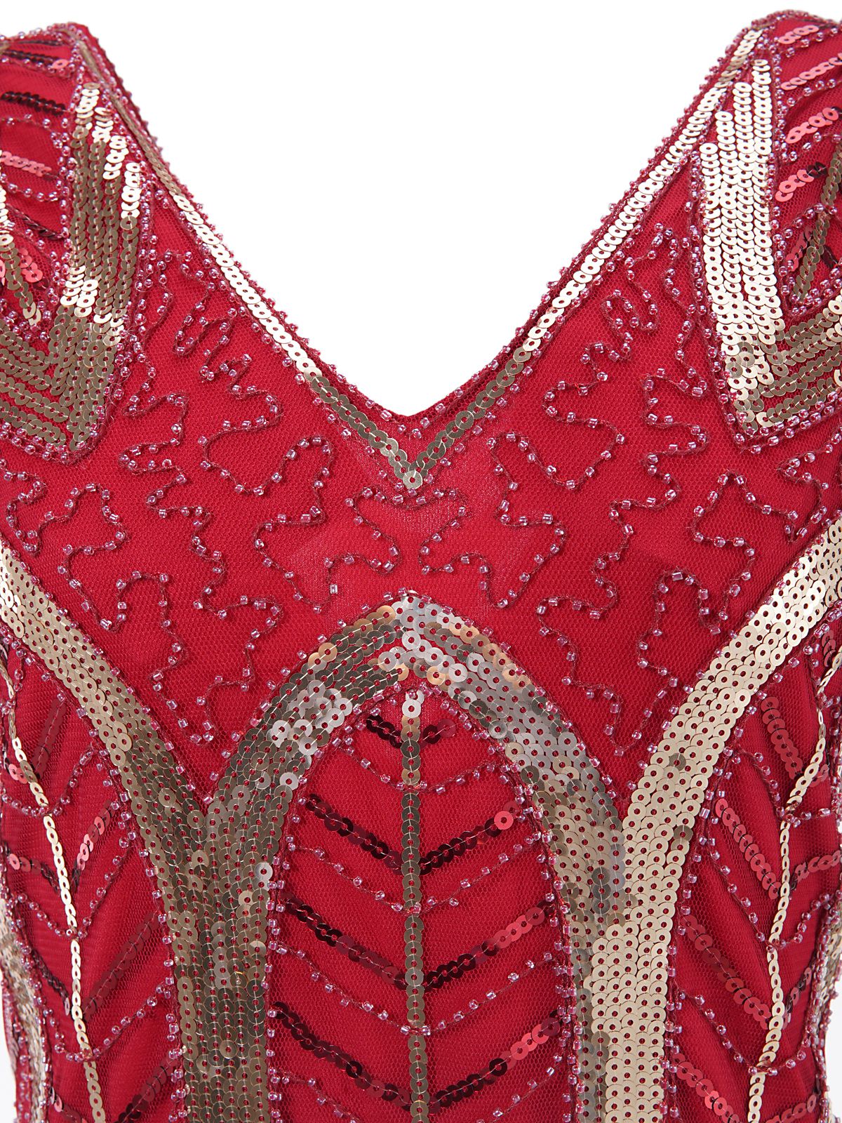 Robe Charleston Vintage Année 20 à Frange Gatsby à Paillettes Col en V Rouge - Image 5