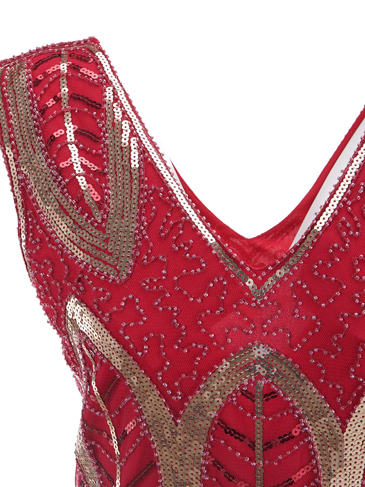 Robe Charleston Vintage Année 20 à Frange Gatsby à Paillettes Col en V Rouge - Image 6