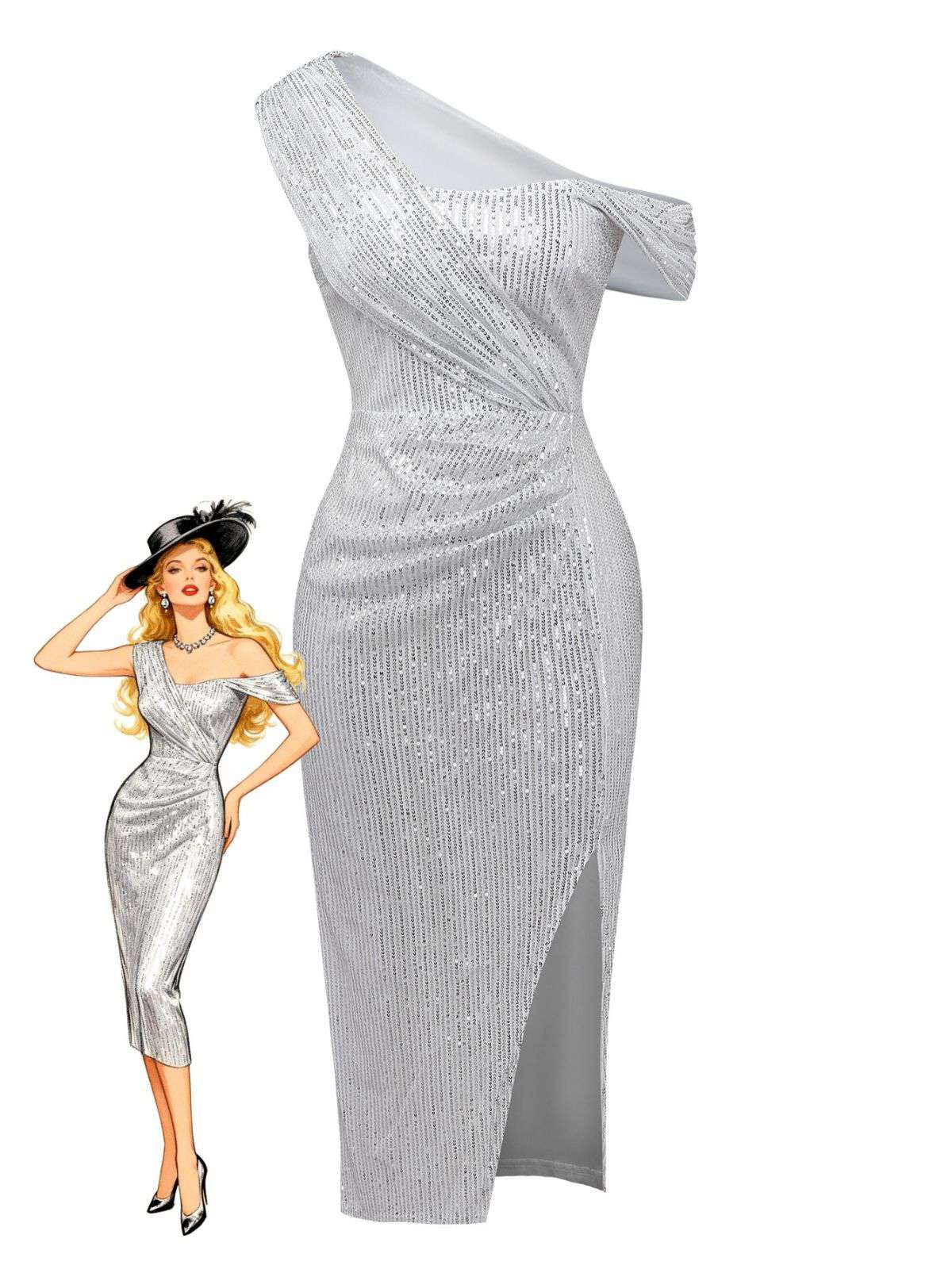 Robe argentée à paillettes asymétrique une épaule et fendue sur le côté années 1920