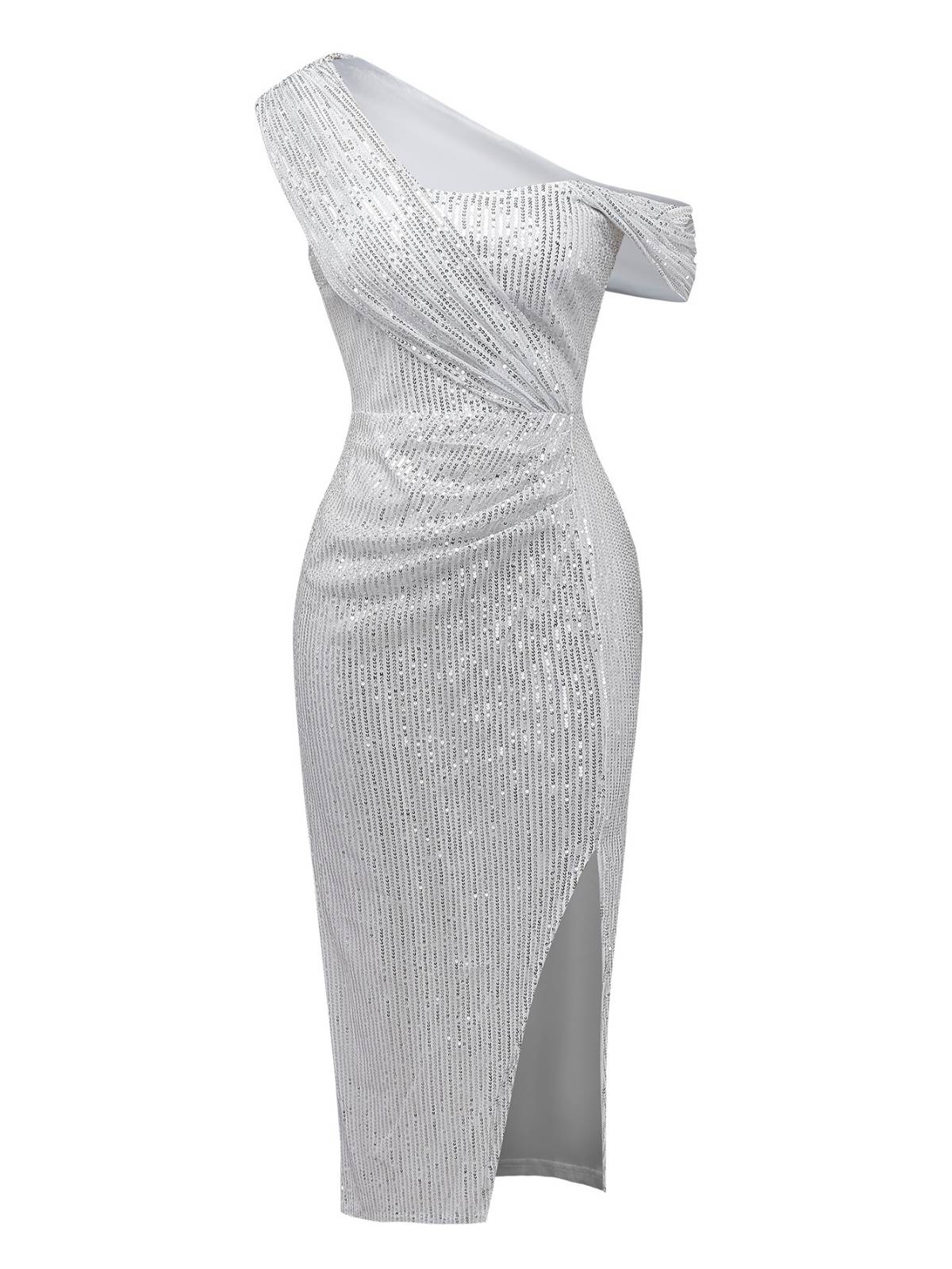 Robe argentée à paillettes asymétrique une épaule et fendue sur le côté années 1920 - Image 2