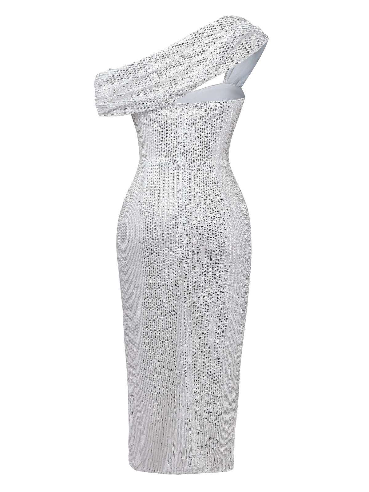 Robe argentée à paillettes asymétrique une épaule et fendue sur le côté années 1920 - Image 3