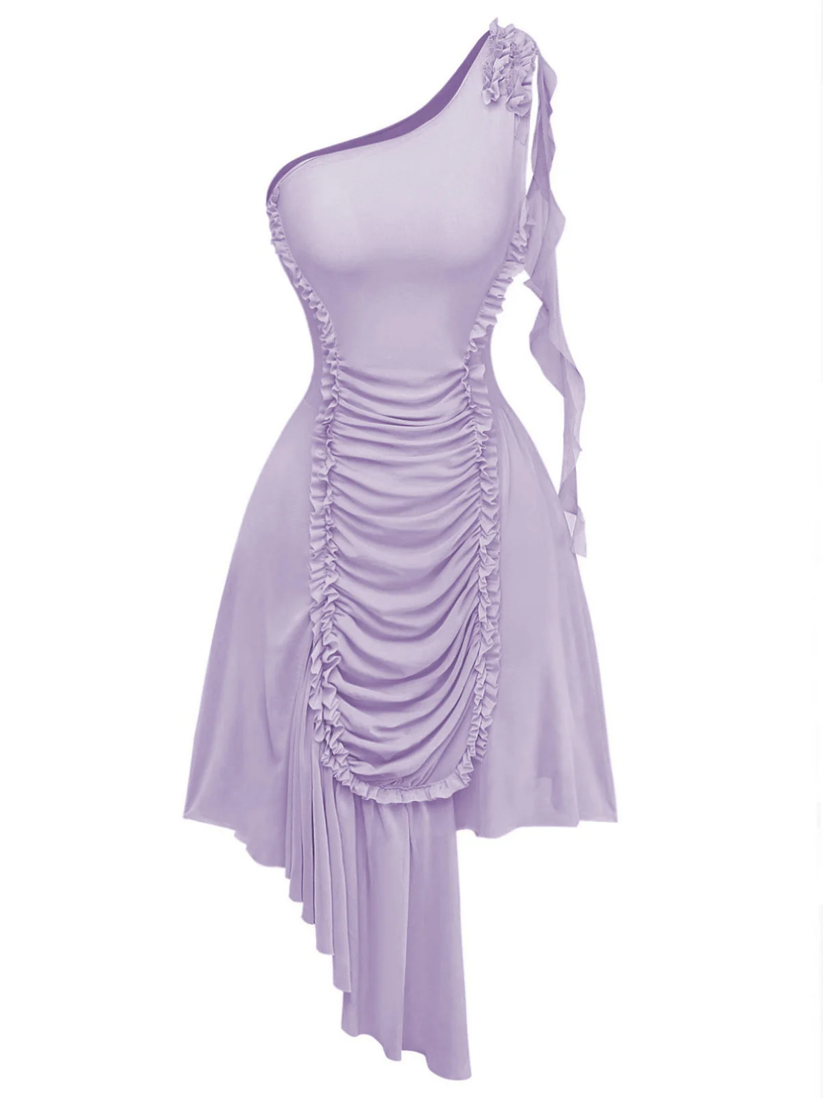 Robe asymétrique violette à volants et à une épaule en maille années 70 - Image 2