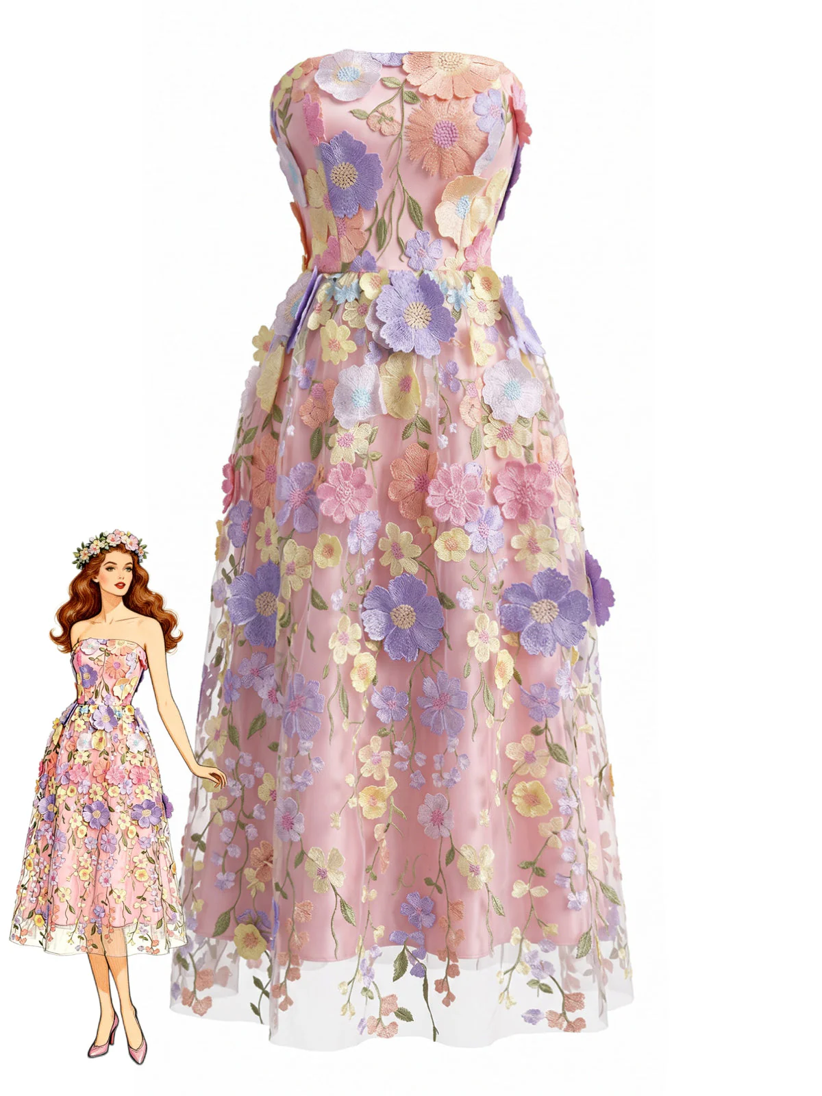 Robe bandeau rose sans manches motif floral années 1940