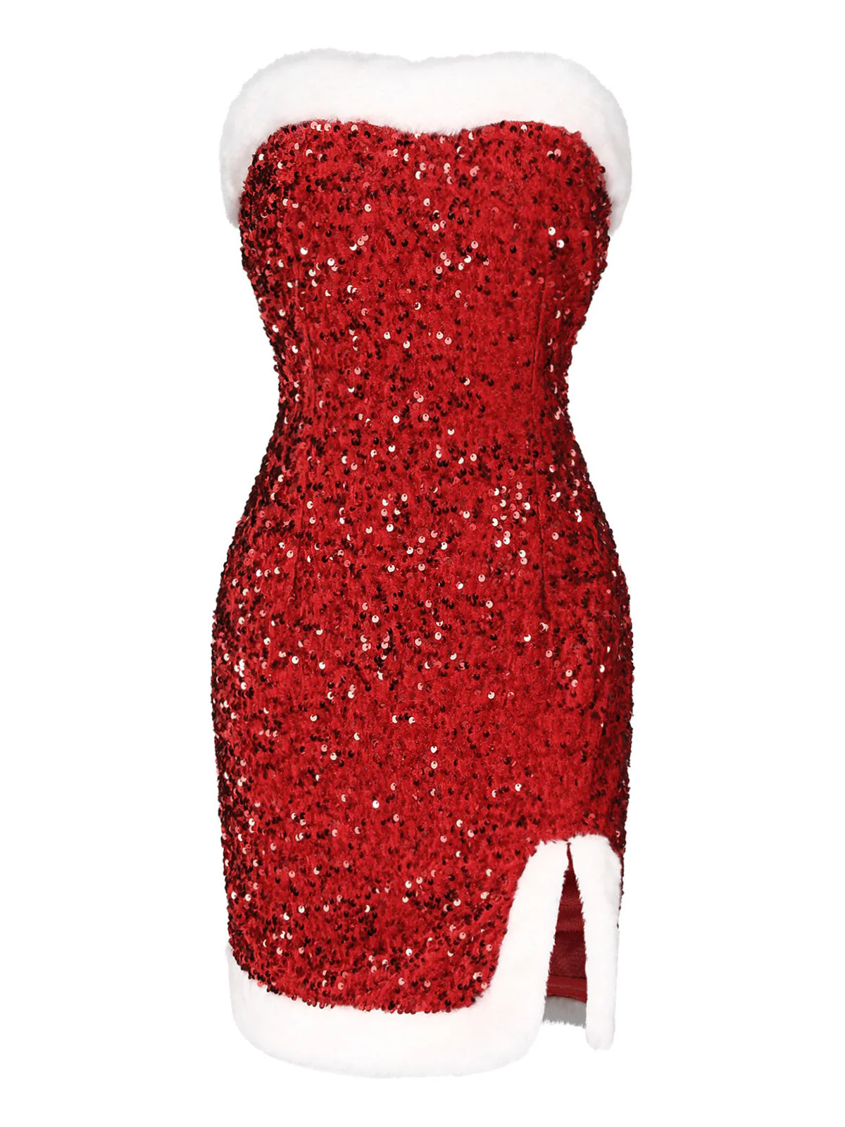 Robe bandeau rouge à paillettes et bordure en peluche des années 1960 - Image 2