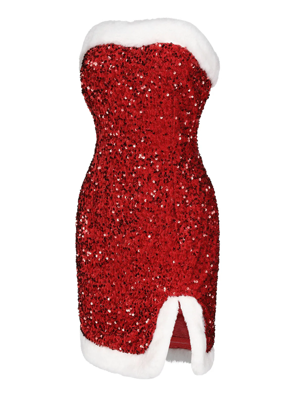 Robe bandeau rouge à paillettes et bordure en peluche des années 1960 - Image 3
