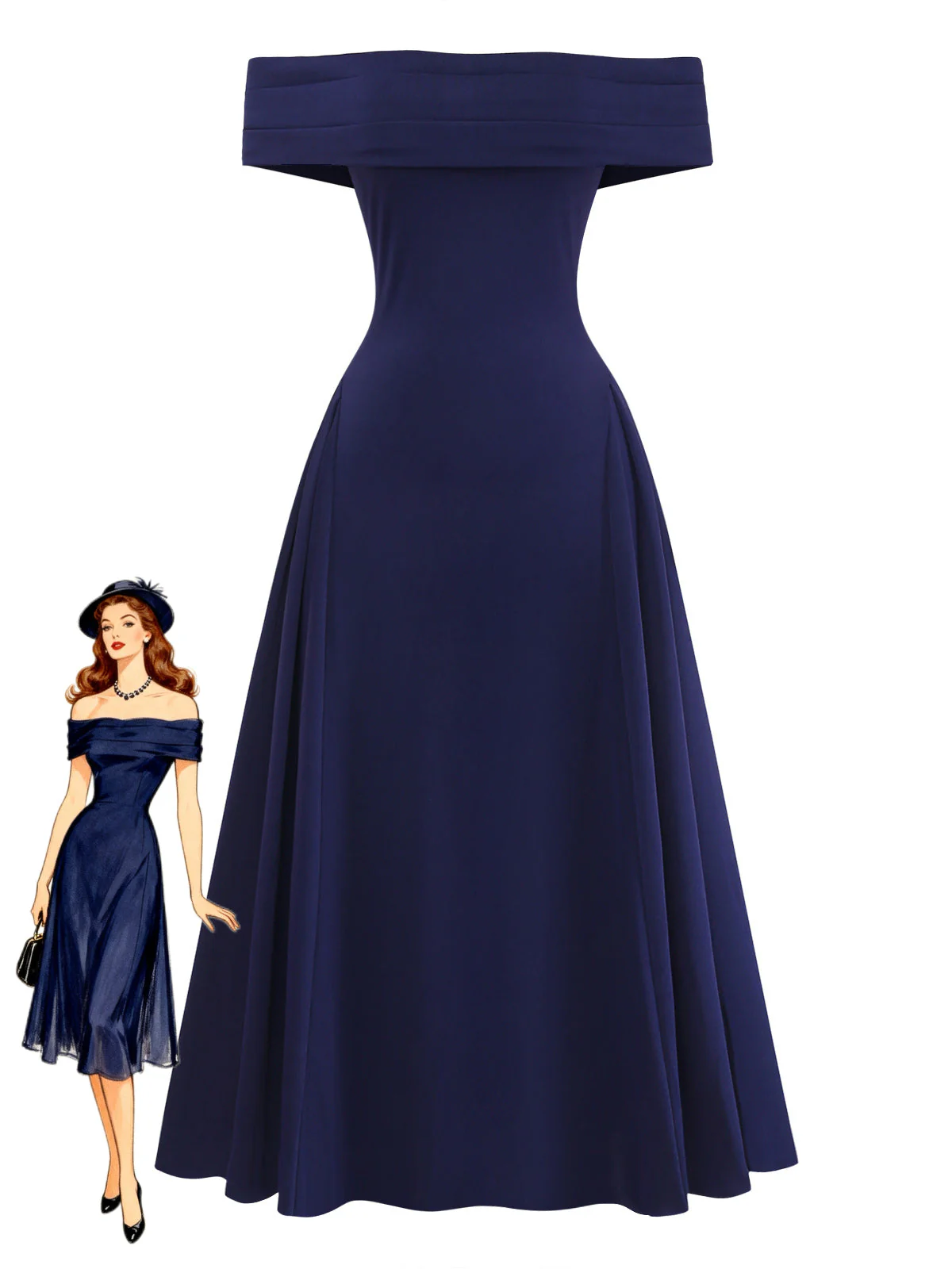 Robe Bardot Taille Cintrée Bleu Marine Années 1950