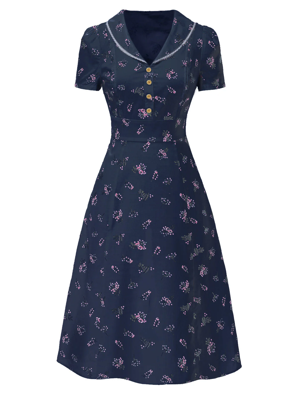 Robe bleu à manches bouffantes et revers fleuris des années 1940 - Image 3
