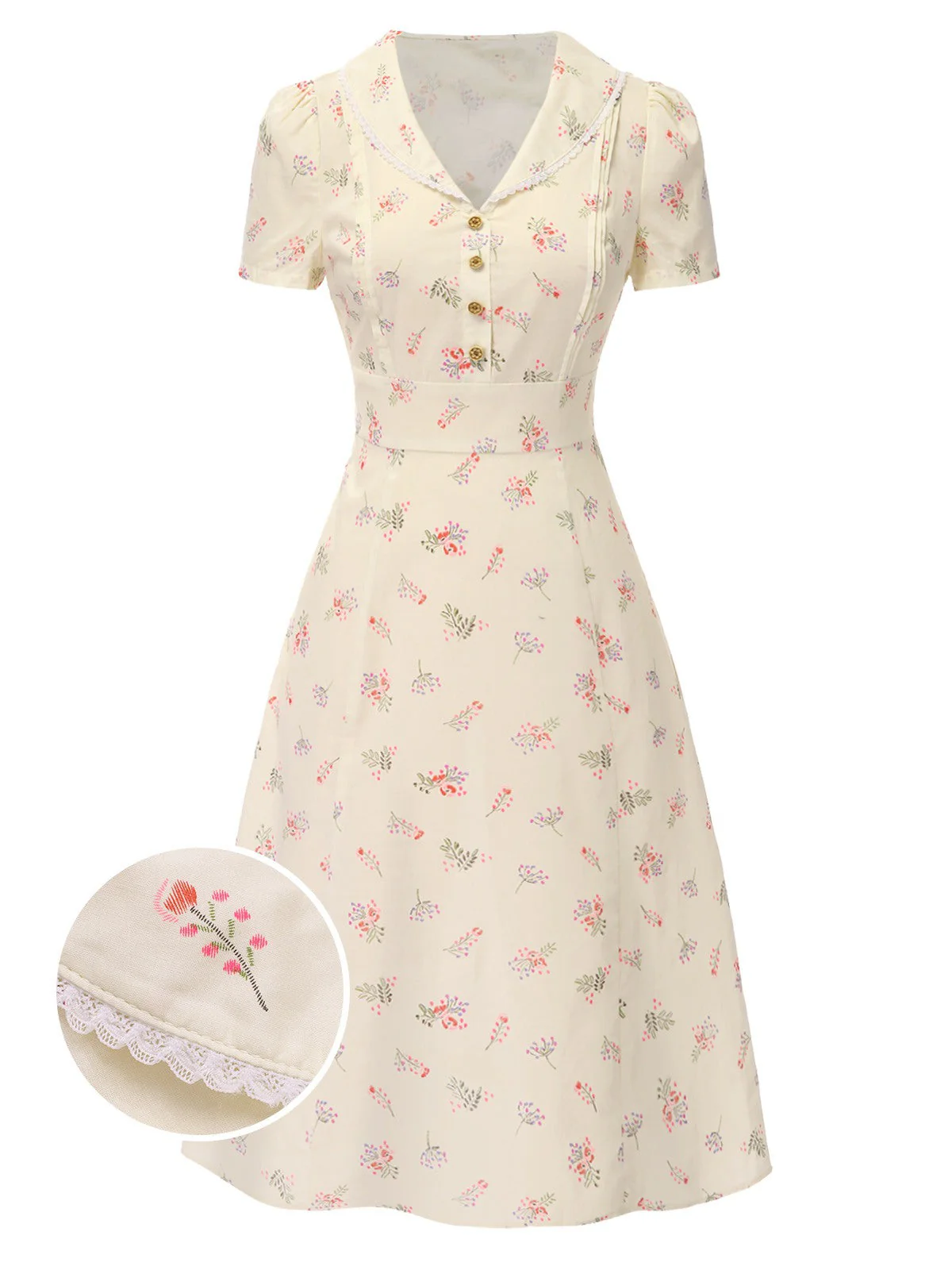 Robe beige à manches bouffantes et revers fleuris des années 1940 - Image 3