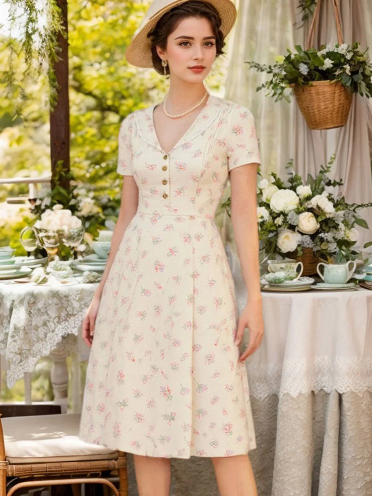 Robe beige à manches bouffantes et revers fleuris des années 1940 - Image 4
