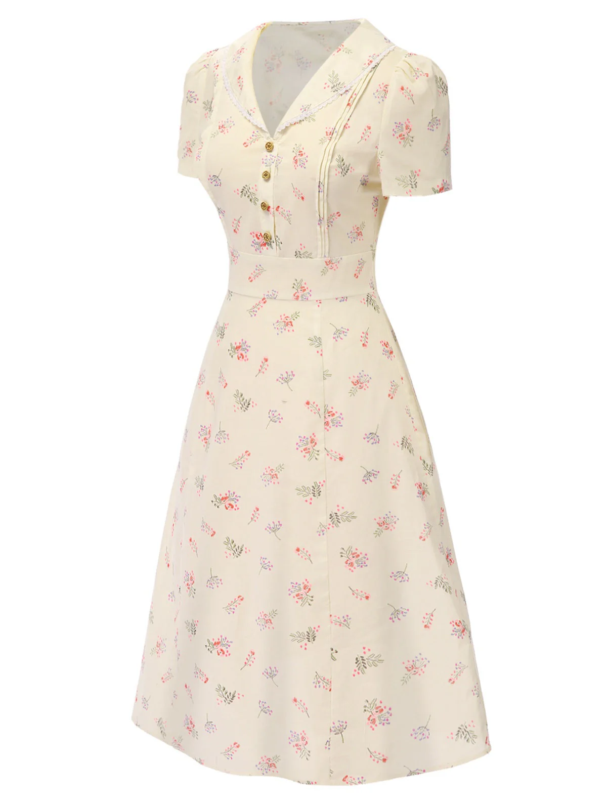 Robe beige à manches bouffantes et revers fleuris des années 1940 - Image 6