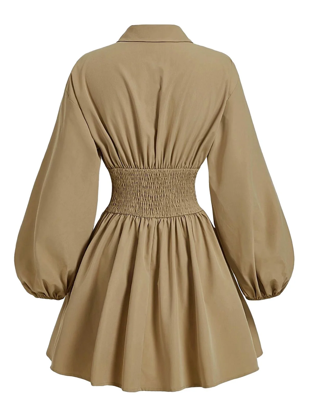 Robe beige manches bouffantes col revers et taille élastiquée années 60 - Image 3